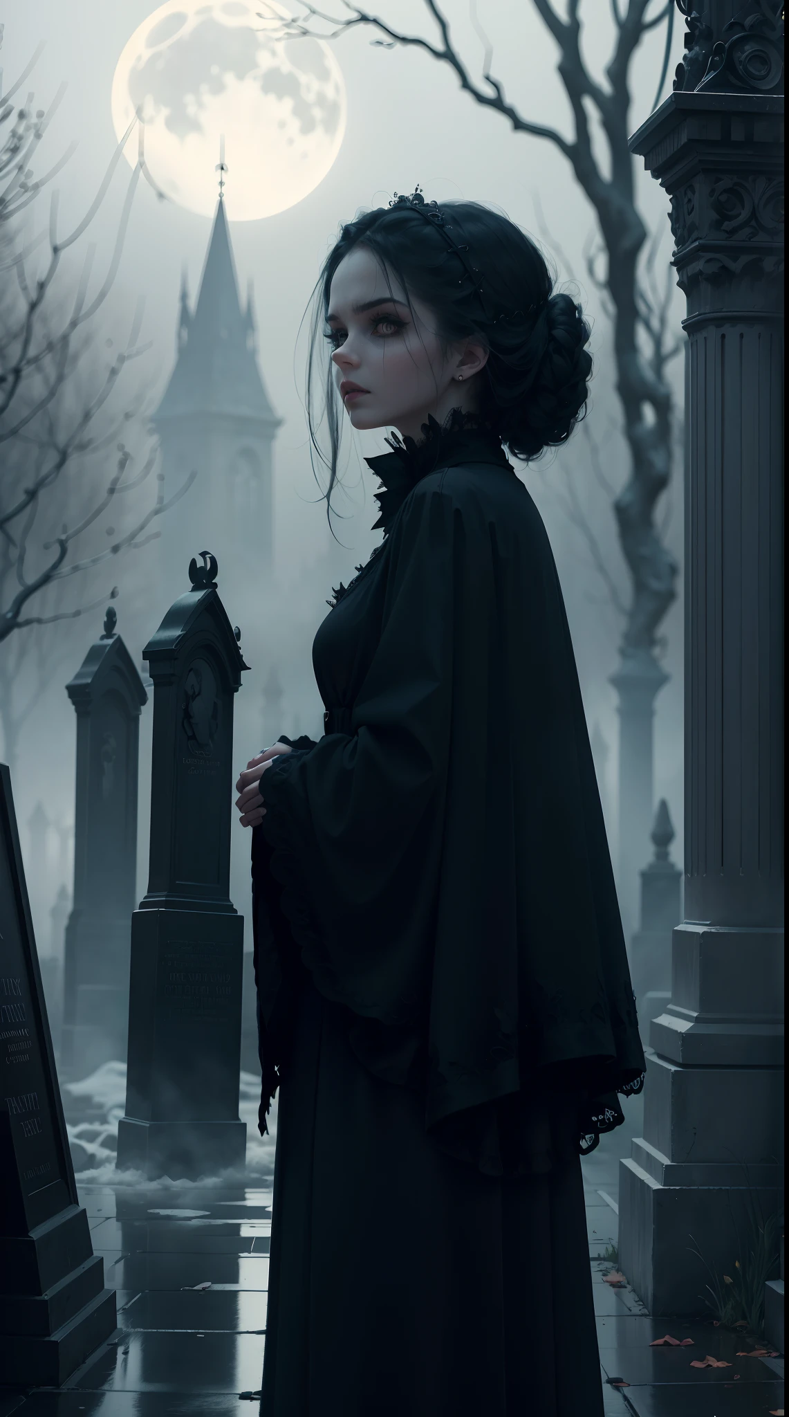 (Best quality,4K,8K,A high resolution,Masterpiece:1.2),Ultra-detailed,(Realistic,Photorealistic,photo-realistic:1.37),Gothic girl standing on the cemetery at night,Beautiful detailed eyes,Long eyelashes,Pale skin,Dark hair,Black clothing,Moonlit landscape,Gothic architecture,Dramatic shadows,mystical ambiance,Subtle fog,Dark and eerie atmosphere,hauntingly beautiful,Vivid colors,dim murky lights,Atmospheric portrait,Emotional expression,Tim Burton inspired style