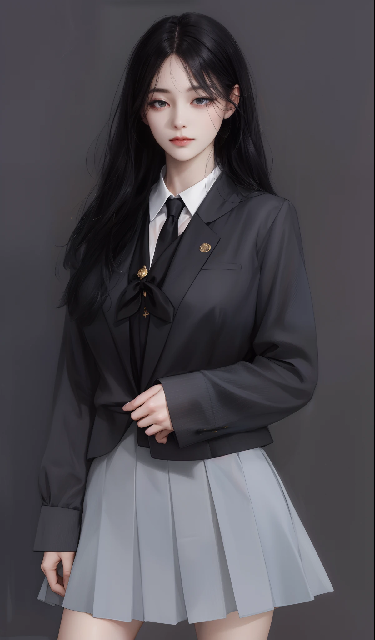(absurdres, highres, ultra detailed), 1girl, ((())), mature, love, hug, upper body, gold and black hair, wearing alma mater , white shirt, black tie and beautiful, wearing a skirt,head bowed sadly