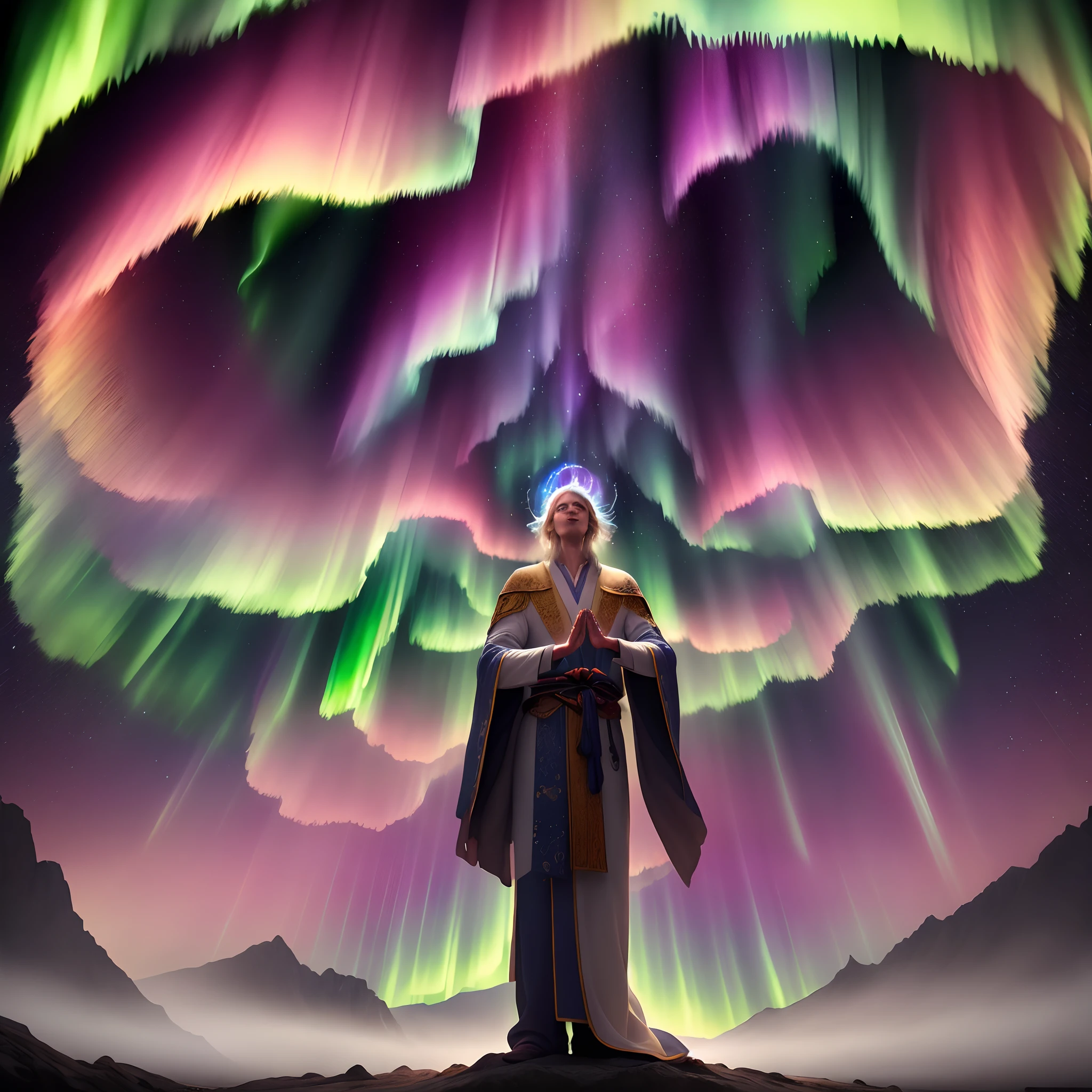 Prompt 3: Transport yourself into a spellbinding 3D visual where a skilled wizard, donned in traditional robes, expertly showcases a mesmerizing display of ancient magic. Underneath a celestial canopy painted with the breathtaking hues of an aurora borealis, the wizard's hands gracefully move through intricate gestures, leaving wisps of mystical energy in their wake.