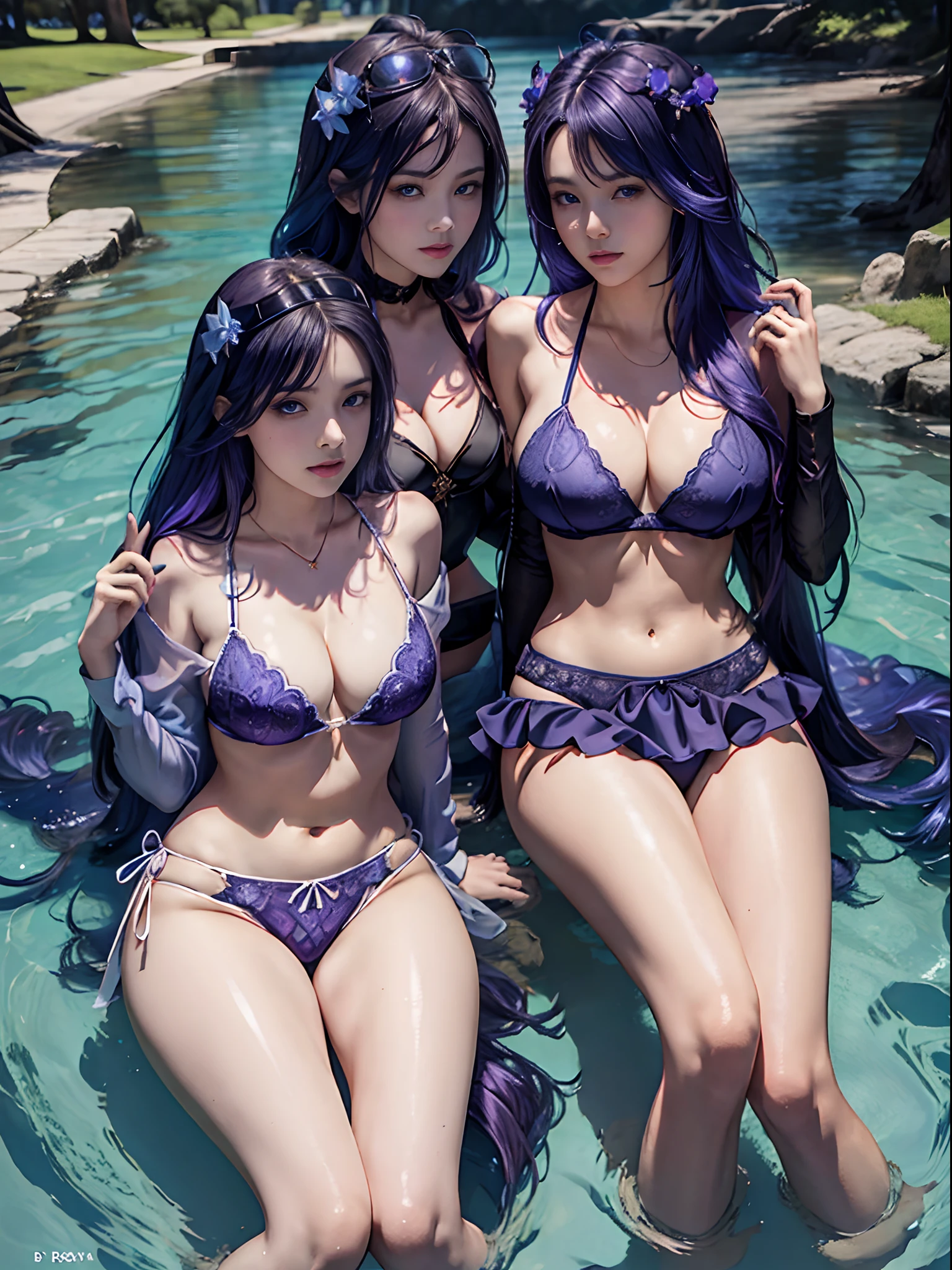 （star-shaped bule pupils，+_+，pupils in symbol shapes，sparkle eyes）），（Enrich the picture，Masterpiece level quality），Exquisite 8KCG artwork，Three goddess-like figures，Sit by the river，Postural exercises，Slim and soft，Translucent skin，Violet blue hair、The beauty of extra-long hair, Super Long Straight Hair，The skin is fair and juicy，Oversized breasted blue bikini miniskirt uniform，Perspective Part 1.2x enhanced silhouette effect，Exquisite transparent blues pattern in pajamas，The details are intricate and exquisite，The background is slightly blurred，Charming and lustful leg seduction，Drool，Extra-large big breasts，Blush，Perfect body slim curves，Scene by the sea，The three goddesses sat together，