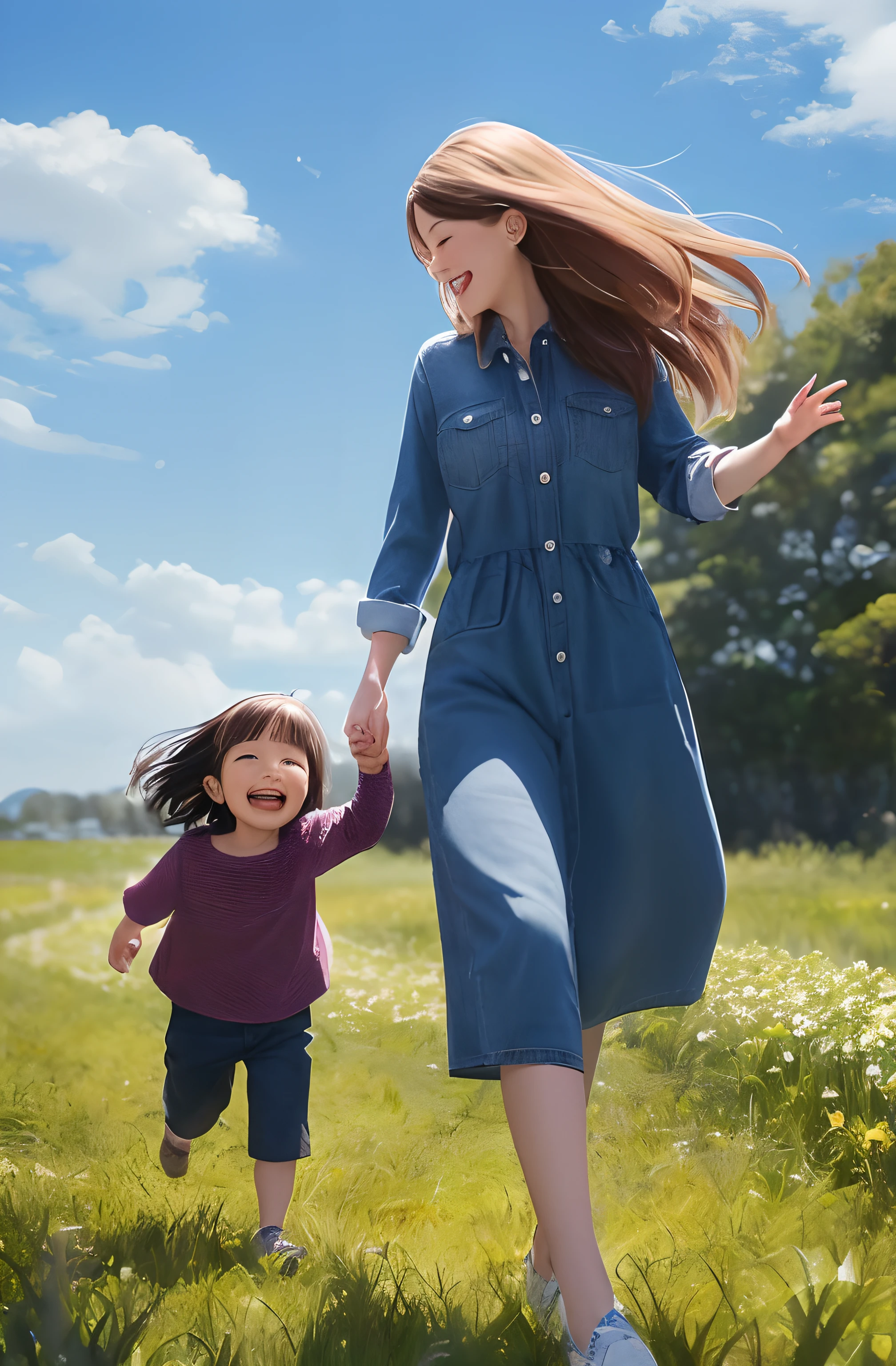 Mother's Day greeting card: A happy smiling woman opened her arms to meet a running laughing child. A woman has long hair disheveled by the wind, Background – Nature, Sunny day