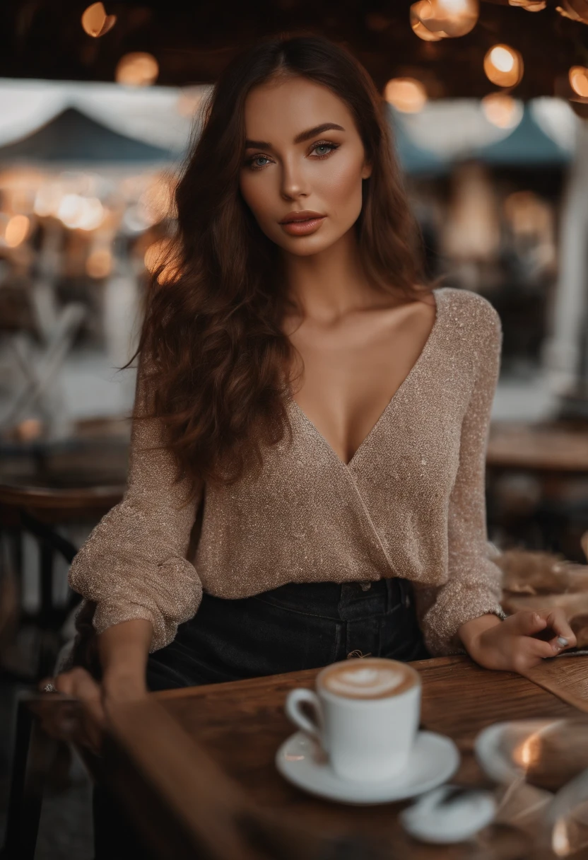 Arafed femme avec une fille sexy aux yeux bruns, Portrait Sophie Mudd, cheveux bruns et grands yeux, Selfie of a young woman looking directly at the camera, Visage avec Artgram, Maquillage subtil, Superbe photo du corps, sitting at a café terrace (NSFW (en anglais seulement):1.5)