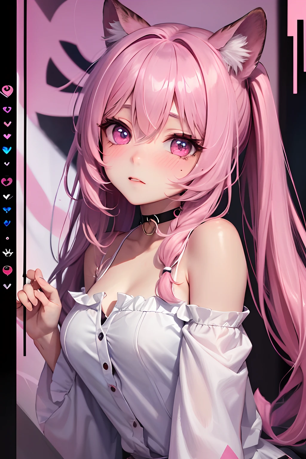striated hair,Pink twin-tailed hair,   Mole under the eyes, mole under mouth, Heart-shaped pupil, longeyelashes, Pink eyes, Heart-shaped choker、full body Esbian、gazing at viewer、Shy, blush, nose blush,Anime style, Color Field Painting, Ray tracing, bloom, One-person viewpoint, nffsw, awardwinning, 16 K, Best Quality, high details, High quality, masutepiece, hight resolution, ccurate, Super Detail、chee