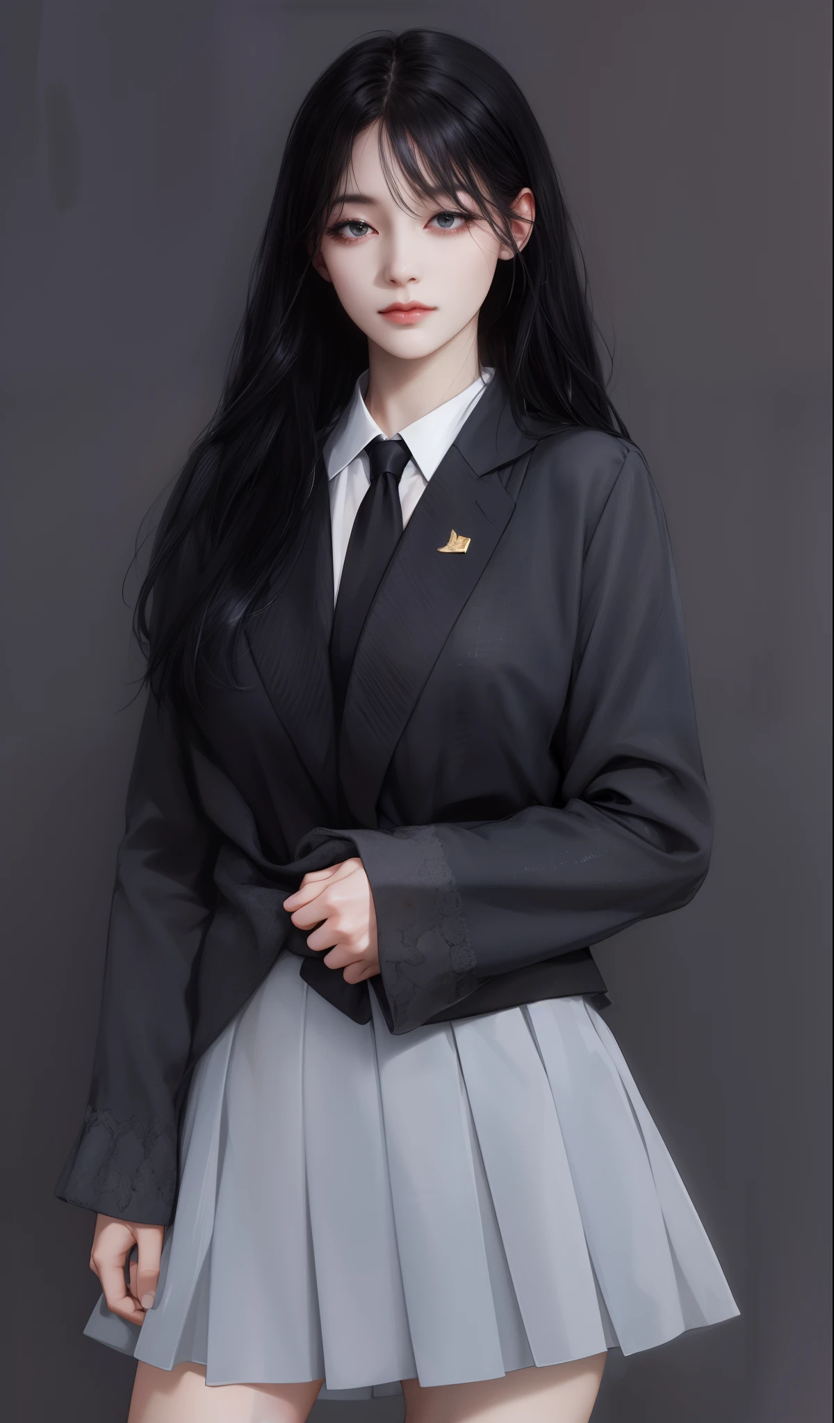 (absurdres, highres, ultra detailed), 1girl, ((())), mature, love, hug, upper body, gold and black hair, wearing alma mater , white shirt, black tie and beautiful, wearing a skirt,head bowed sadly