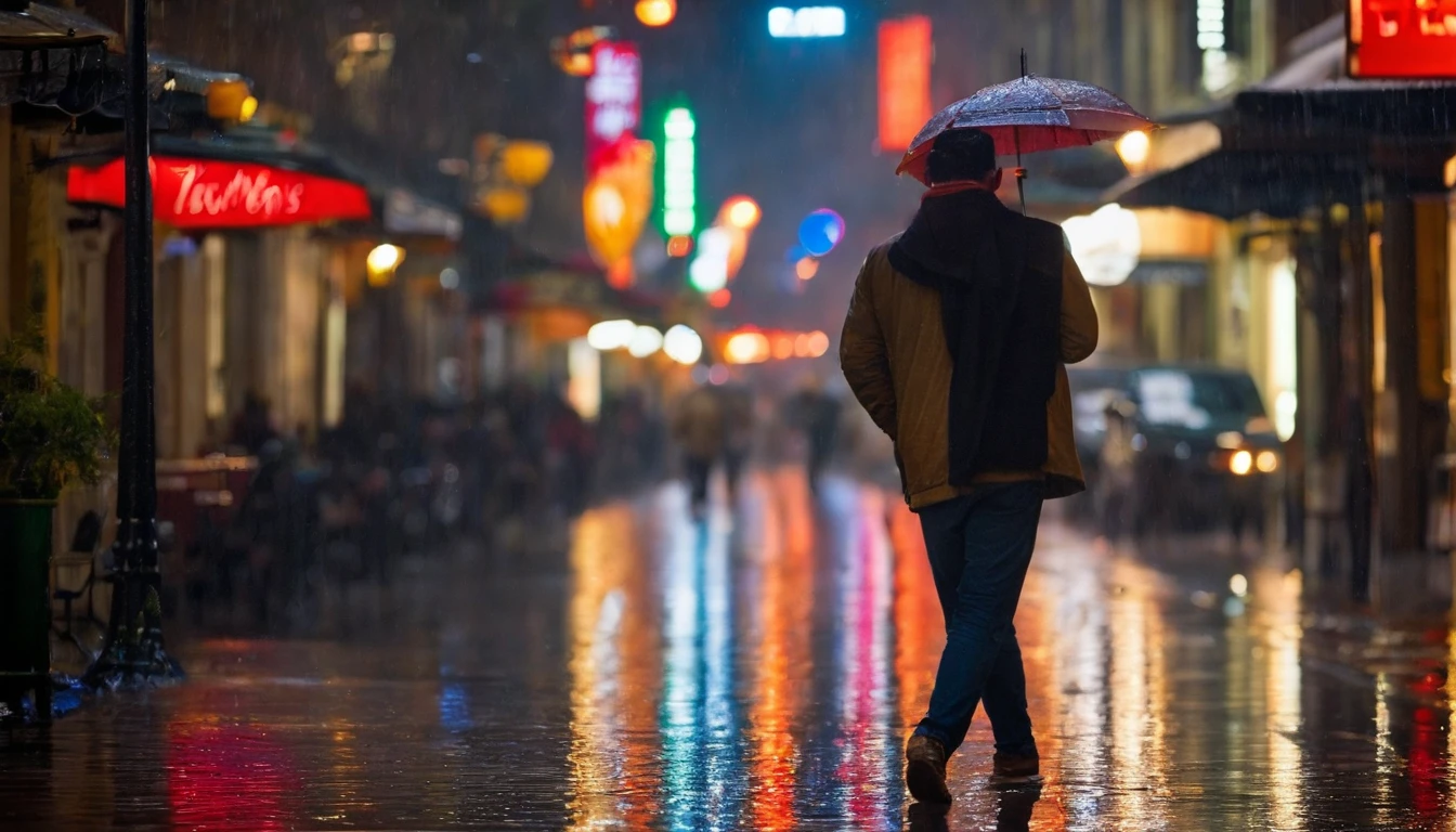"(best quality, highres:1.2), joyful man in the rain, vibrant colors, raindrops dripping off his face, wet hair and clothes, smiling face, rain-soaked streets, city lights reflecting on the pavement, surreal atmosphere, street photography, bokeh lights, a moment of pure happiness"