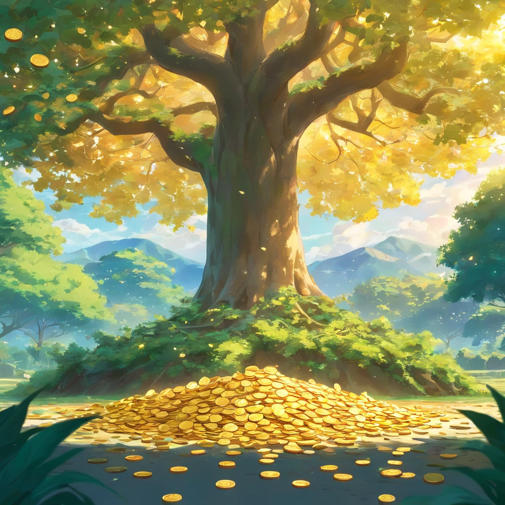 A tree is surrounded by vines,The ground was covered with gold coins