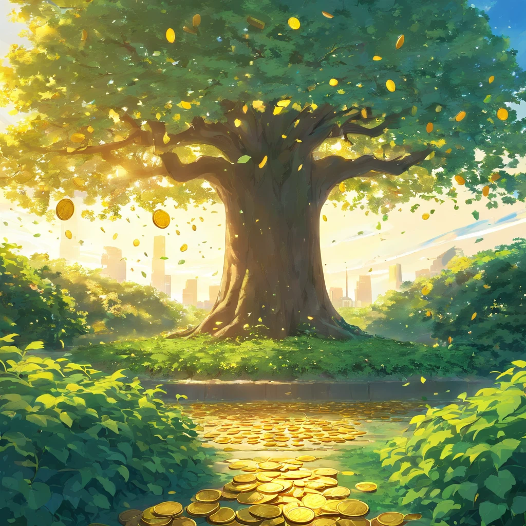 A tree is surrounded by vines,The ground was covered with gold coins