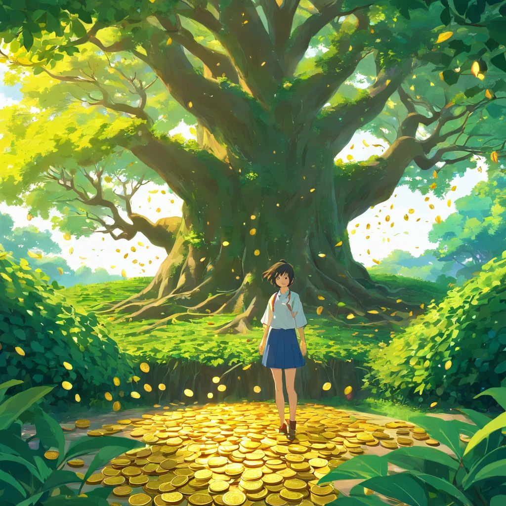 A tree is surrounded by vines,The ground was covered with gold coins