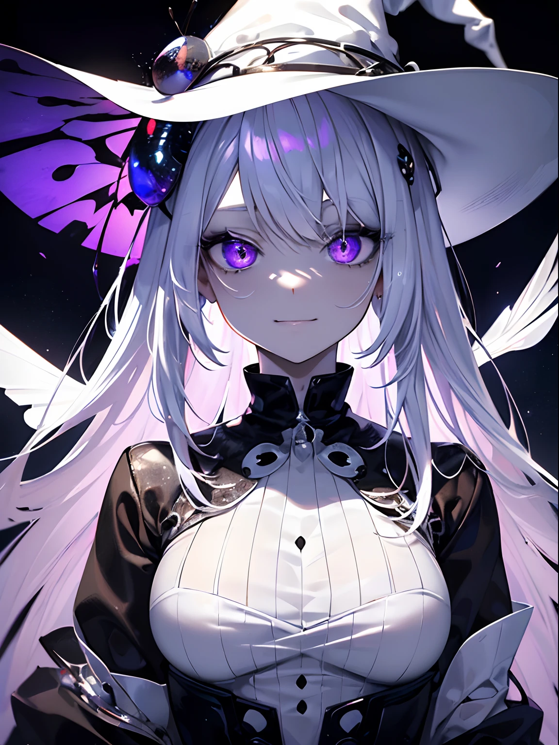 (masterpiece,best quality,ultra-detailed),1girl,smirk, insect body,(blood), (white body beetle creature), white (beetle creature body), beautiful and detailed face, detailed eyes,white and purple hair, glowing eyes,(grey theme),witch hat,hallowen outfit,in the street,night