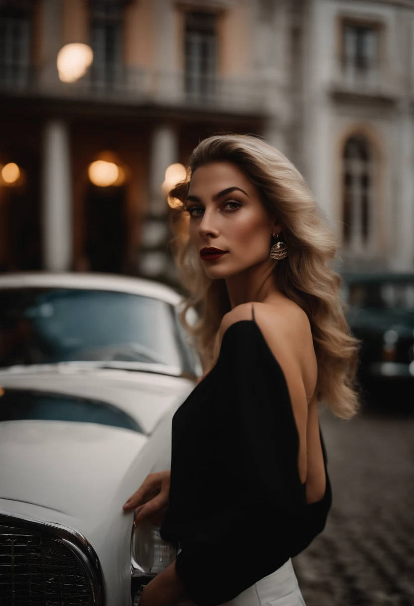 corpo inteiro, ,Photograph photo Wide angle closeup portrait of the body of a pale Spanish girl (Cabelo castanho estilo anos 90), (posing outside the mansion with luxury car:1.1), Crowded street with cafes in the distance, cold and dark sunset at dusk, fulgurar, brilho vermelho laranja, (luz da borda:1.1), (wearing stylish white shorts and button-down blouse:1.1) ligadura, (pequeno peito), (Hands behind your head), (foco nos olhos), angelic, rosto bonito, (olhar irritado), (luz dura na pele:1.2), (Sombras duras, Tema escuro, unilluminated light, fraca, Contraste profundo:1.1), (fotografia de retrato de Annie Liebovitz), Dark theme mint and choral aesthetics, (skin imperfections, sardas:0.4)