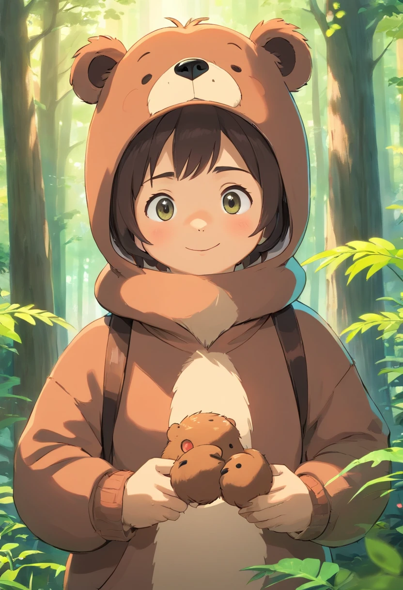 Generate ultra-high-definition images of chic bears,Highlight the intricate details of bear fur,and expressive eyes.A cute little bear,Wear a trendy sweatshirt Frumis,With a hat on,ssmile,Cute action,foreshortening, Depth of field, Masterpiece, Best quality,ln the forest,Illuminated by soft, Dreamy volumetric lighting. hyper realisitc. perfectquality, Clear focus