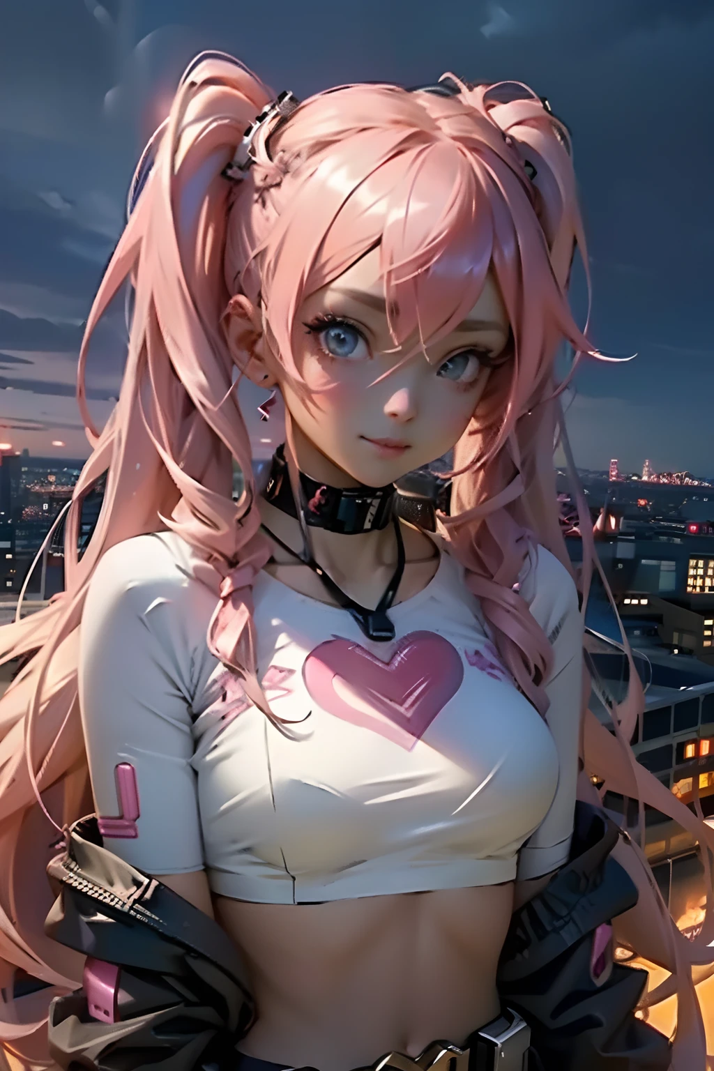 Beautiful woman pink twin tail long hair、cyberpunk style short clothes、Heart-shaped choker、gazing at viewer、front facing、A slight smil、London cityscape