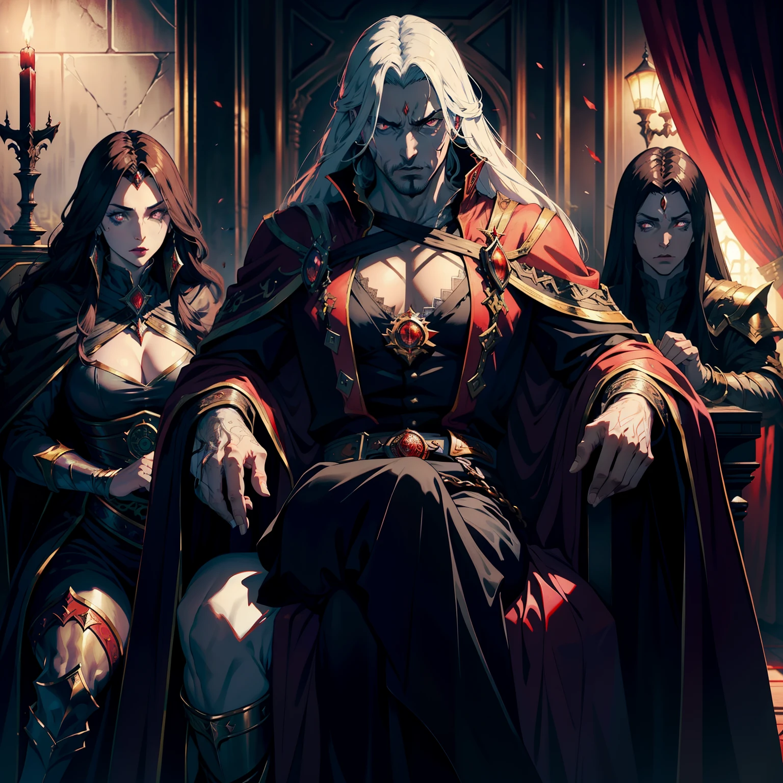 Castlevania Lord of Shadows hyper realistic super detailed scary Lord Dracula sitting in his big throne with very beautiful legendary Moroccan princesses Read large scrolls with a red expression of anger bright eyes hyper realistic face portrait super detailed dynamic shot centerpiece cinematic scene scenes movie Epic Legendary