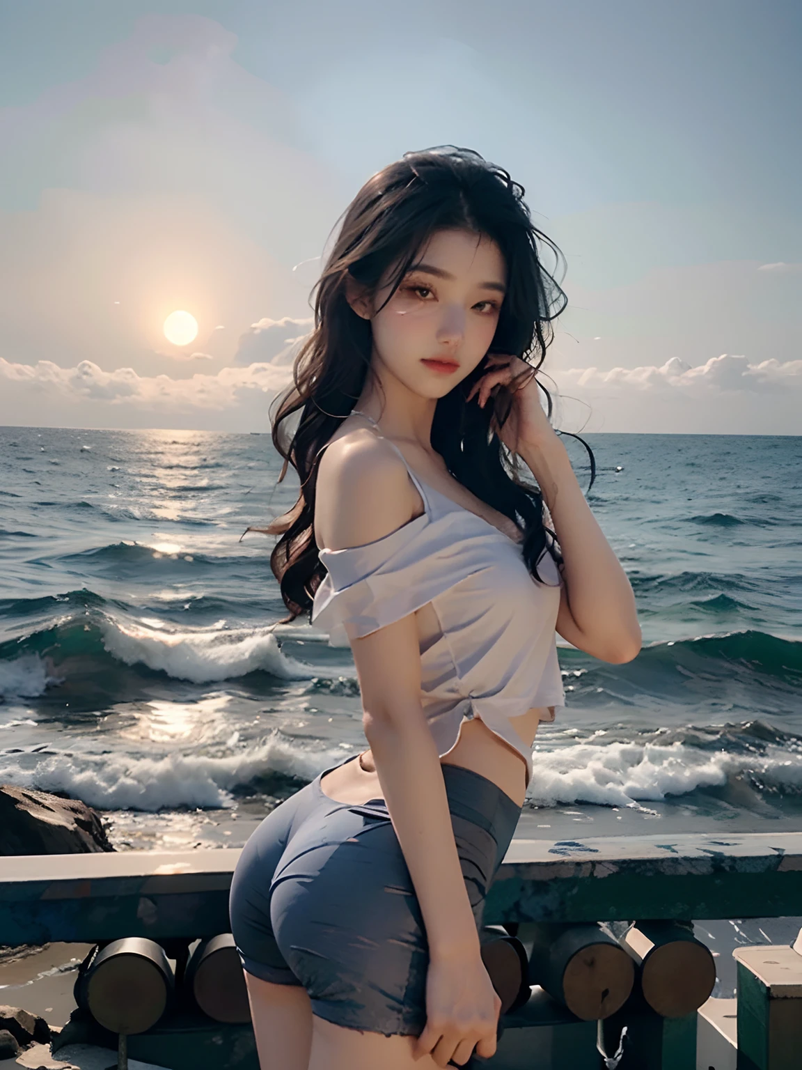 best qualtiy, tmasterpiece, 超高分辨率, (Fidelity: 1.4), RAW photogr, 1girll, Goose egg face, largeeyes,,, long eyelasher, painted light makeup, cropped shoulders, The shirt, cinmatic lighting, The first half of the night in summer, Heat, sweat leggs,Fully transparent underwear,,hands behind body,Behind is a huge blue moon and a calm sea,There is also a small seagull next to it