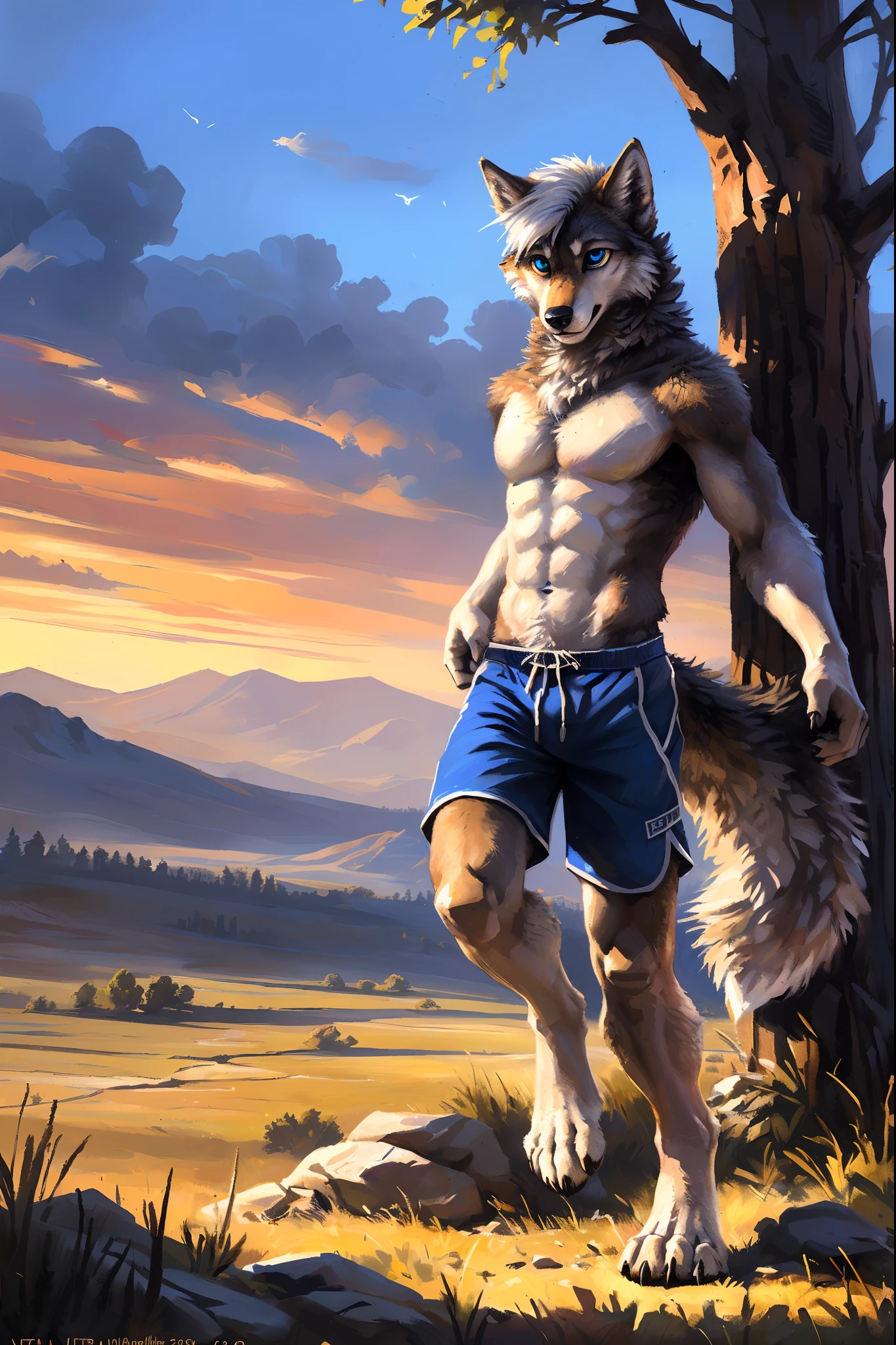 ((Solo)), male people, anthro wolf, (Multi-colored fur, White-brown:1.3，White tail pointed), ((Wolf face, White hair, Big eyes, White eyelids, Blue pupil, Slim:1.2) (Tough, Calm expression:1.2)), Abs, Slim, pinging)), (Correct anatomy), (Work shorts:1.1), The upper body is naked, (detailed outfits),A big tail，Feet，(Realistic fur, Detailed fur texture, labeled:1.3)), (Natural lighting), Photorealistic, Hyperrealistic, ultradetailed, by Kenket，Endless grasslands，There are no trees，There are no big stones，No artificiality，erect through，Running on