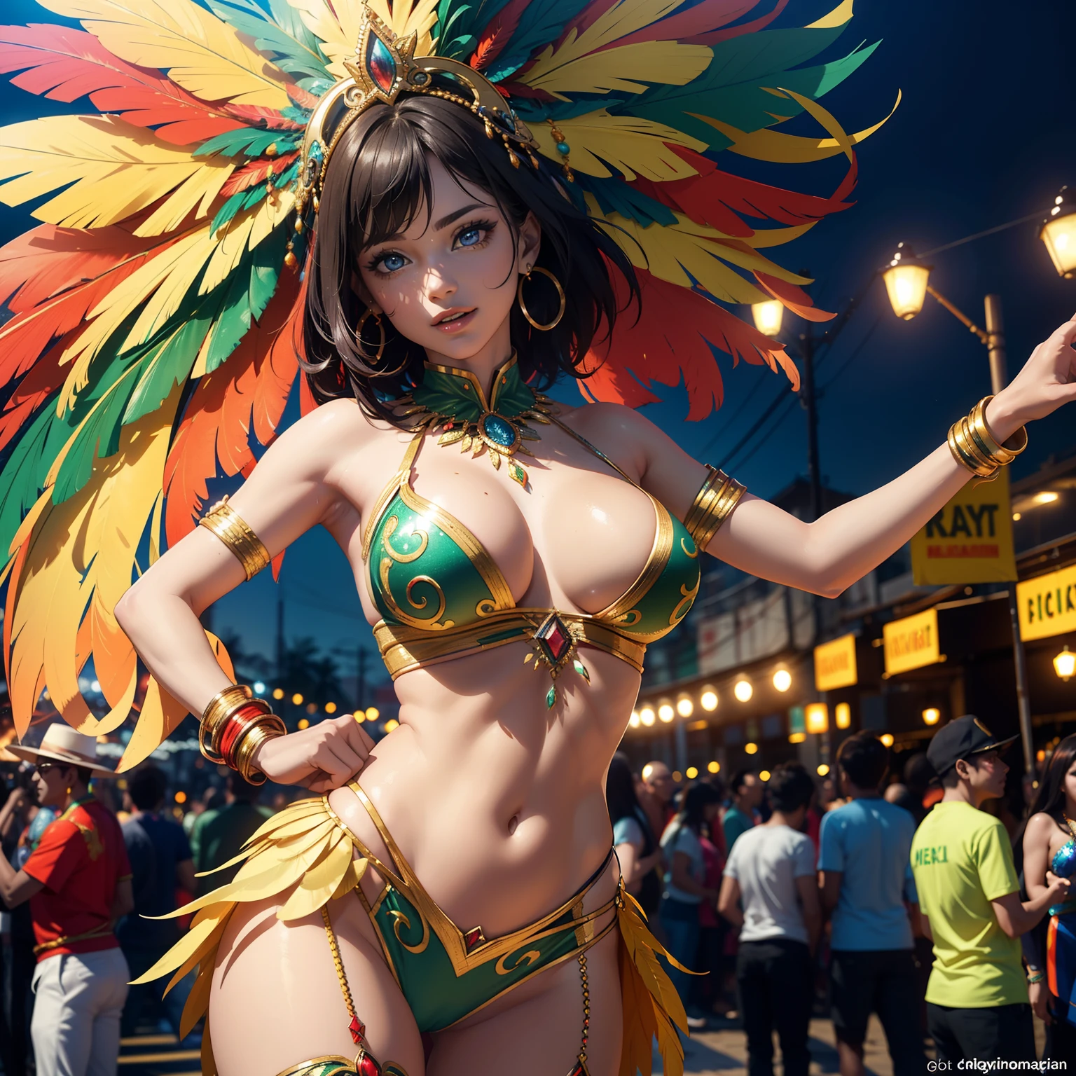 Hyper realistic super detailed sexy woman, Une fille confiante, NSFW, Very detailed, expressions faciales sexy, seductive facial expressions, [:(Face detail: 1.4): 0.4], 16K resolution, 4k resolution, dinamic lighting, High definition resolution, (sexy pose, Position attrayante), (hyper realistic: 1.4), (back light: 1.2), (Nuit: 1), (pleine hauteur: 1.8),(contrasting background: 1.5), (Anatomy of the hyperrealistic arm), (Hyperrealistic anatomy of the legs), (peau propre), (lighting cinematic: 1.7), (intime), (Technologie NVIDIA RTX Ray Tracing), (Anatomy of the hyperrealistic arm: 2), (Ventre plat parfait), (image couleur),Create a masterpiece in 4K resolution, ultra-realistic, and extremely detailed, featuring a vibrant Brazilian reveler at the Rio Carnival. The Brazilian is the central character in the artwork, radiating the energy, color, and excitement of this world-renowned celebration.

The Brazilian is adorned in an elaborate and colorful carnival costume, reflecting the rich traditions of Brazilian culture. Feathers, sequins, and intricate designs make up the outfit, and it should capture the spirit of the carnival. The costume may be inspired by samba, folklore, or other Brazilian themes.

The setting is the lively streets of Rio de Janeiro during Carnival, with crowds of revelers, floats, and samba dancers in the background. The lighting is dynamic, with the brilliant colors of the costume standing out against the festive atmosphere.

The Brazilian's expression is one of joy and enthusiasm, capturing the essence of the Rio Carnival. They may be dancing to samba music, waving a colorful flag, or engaging in the energetic spirit of the celebration.