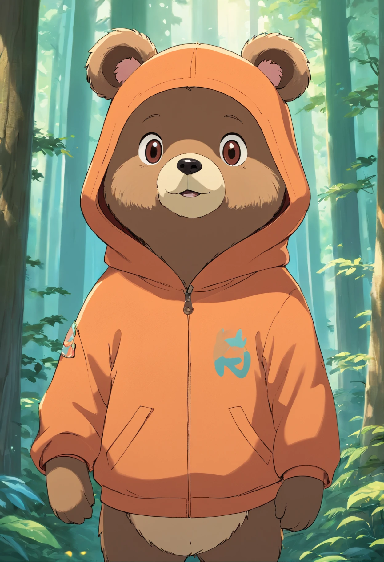Generate ultra-high-definition images of chic bears,Highlight the intricate details of bear fur,and expressive eyes.A cute little bear,Wear a trendy sweatshirt,With a hat on,ssmile,Cute action,foreshortening, Depth of field, Masterpiece, Best quality,ln the forest,Illuminated by soft, Dreamy volumetric lighting. hyper realisitc. perfectquality, Clear focus