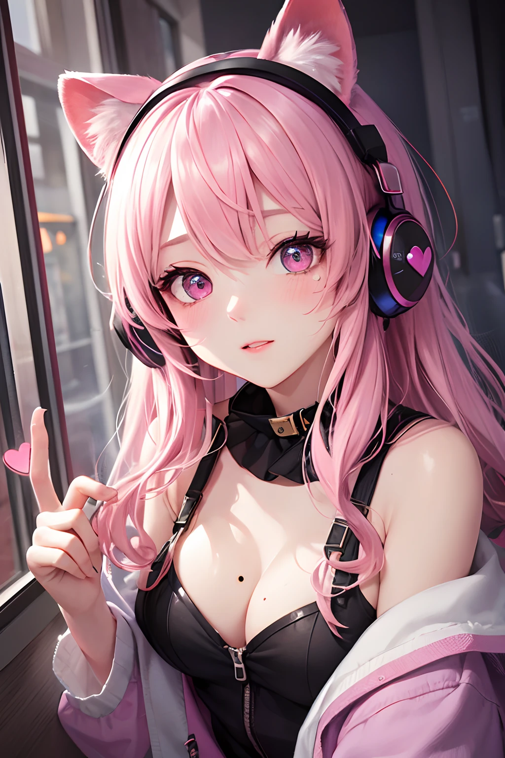 striated hair,Pink twin-tailed hair, Mole under the eyes, mole under mouth, Heart-shaped pupil, longeyelashes, Pink eyes, Heart-shaped choker、headphones、full body Esbian、gazing at viewer、Shy, blush, nose blush,Anime style, Color Field Painting, Ray tracing, bloom, One-person viewpoint, nffsw, awardwinning, 16 K, Best Quality, high details, High quality, masutepiece, hight resolution, ccurate, Super Detail、chee