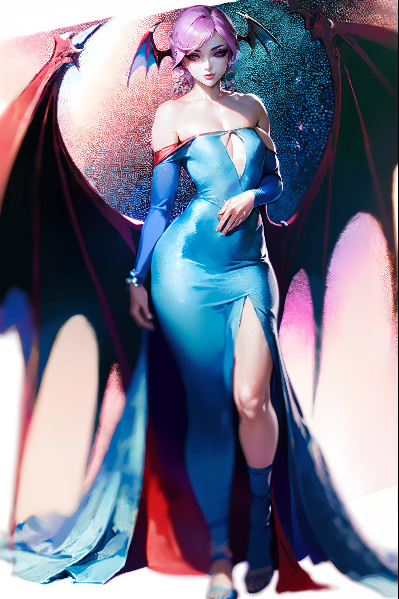 (best quality,masterpiece:1.2),intricate details,beautiful detailed eyes,beautiful detailed lips,extremely detailed eyes and face,longeyelashes,darkstalkers_lilith modeseven,super curvy,comic style,vibrant colors,standing,innocent, full body, standing, smile