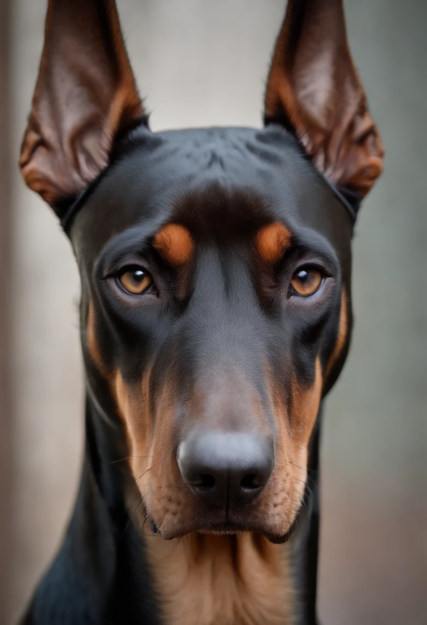 A Doberman dog with a very bad face, Olhando para o observador com muito cuidado, Ultra-realistic lighting and texture