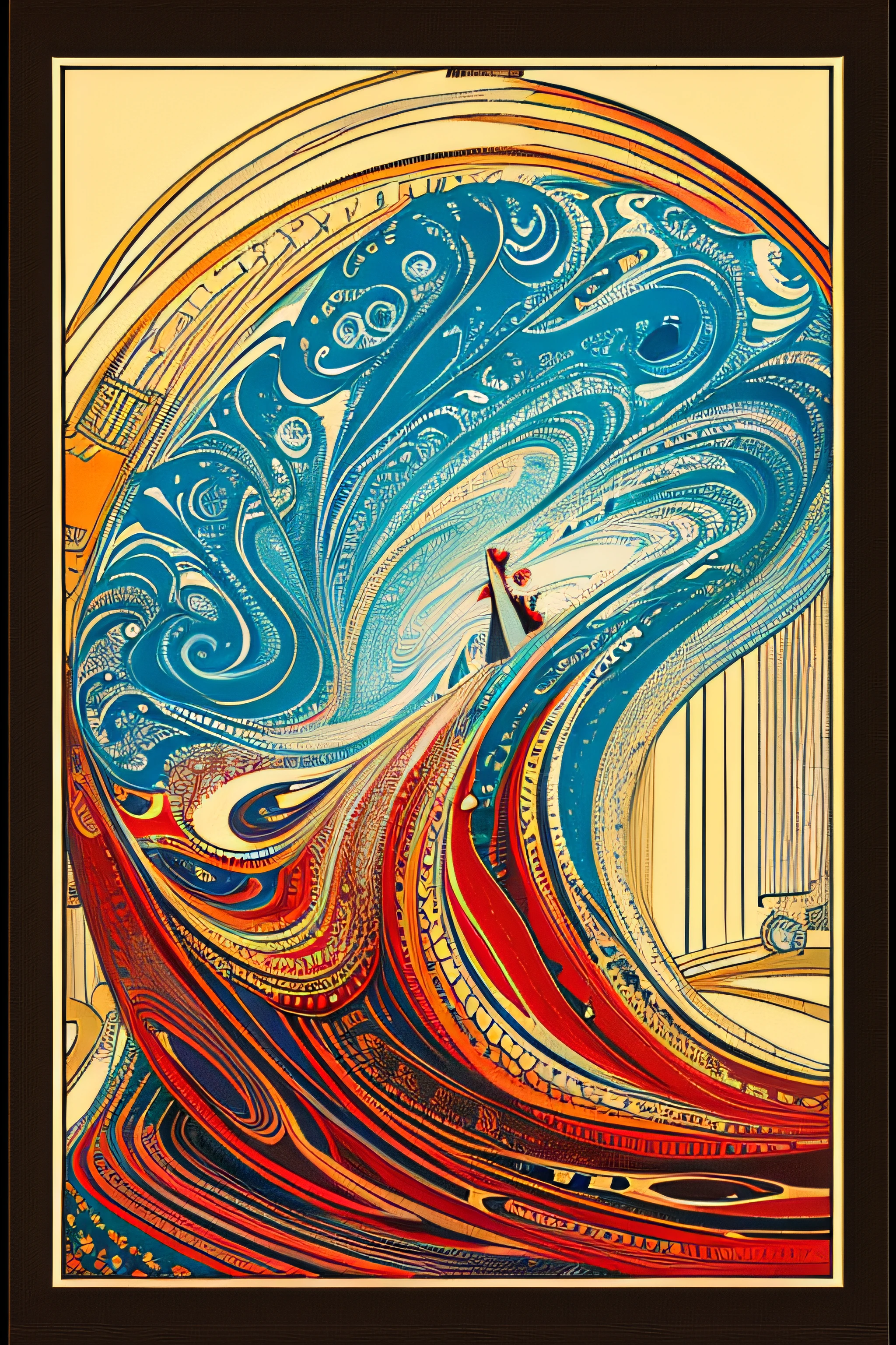 (masterpiece、top-quality、top-quality、watercolor paiting (Curly)、Official art、Beautifully Aesthetic:1.2)、(1girl in:1.3)、(Fractal Art:1.3)、(Kimono)、The upper part of the body、From Side、(Masterpiece, Best Quality), 8k Wallpaper, highly detailed, sexy female space thriller cinematic movie poster, Bauhaus, shapes, lines, abstract, propaganda, mid century modern, movie poster, vintage, mid century modern.