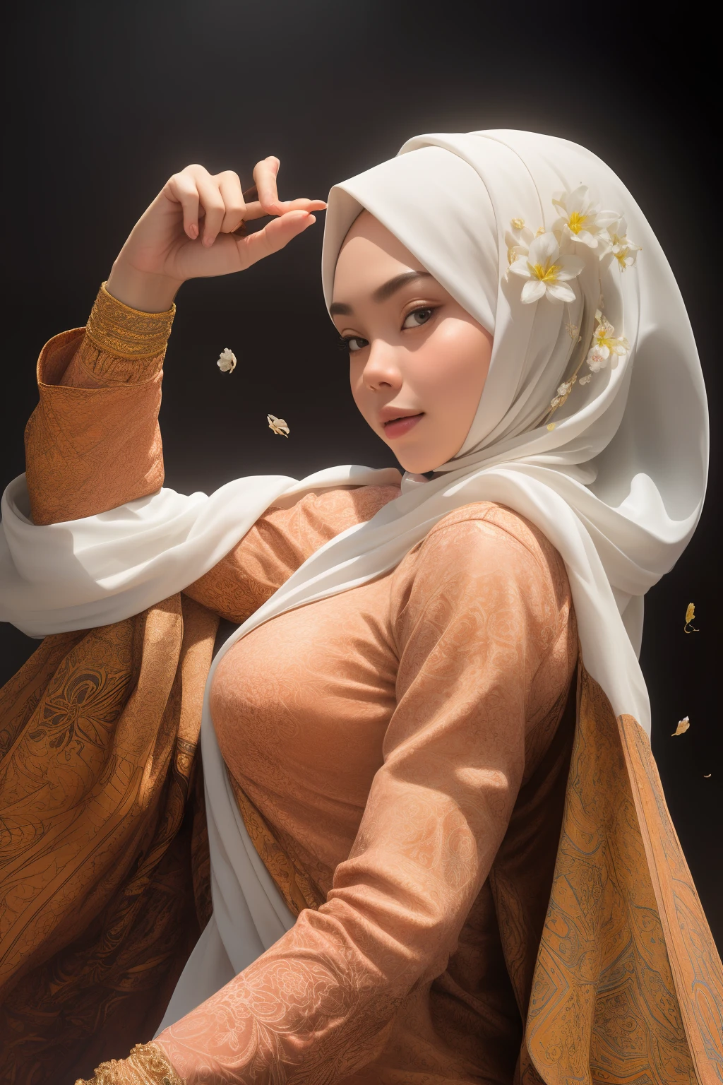 1 malay girl in hijab, solo, flower field, blossom, (white smoke:1.3) (photorealistic:1.4), zentangle, mandala, entangle, official art, unity 8k wallpaper, ultra detailed, beautiful and aesthetic, masterpiece ,best quality, (dynamic angle:1.4), glowing skin, (floating colorful sparkles:1) the most beautiful form of chaos, elegant, a brutalist designed, vivid colours, romanticism depth of field exotic_dance, half_naked