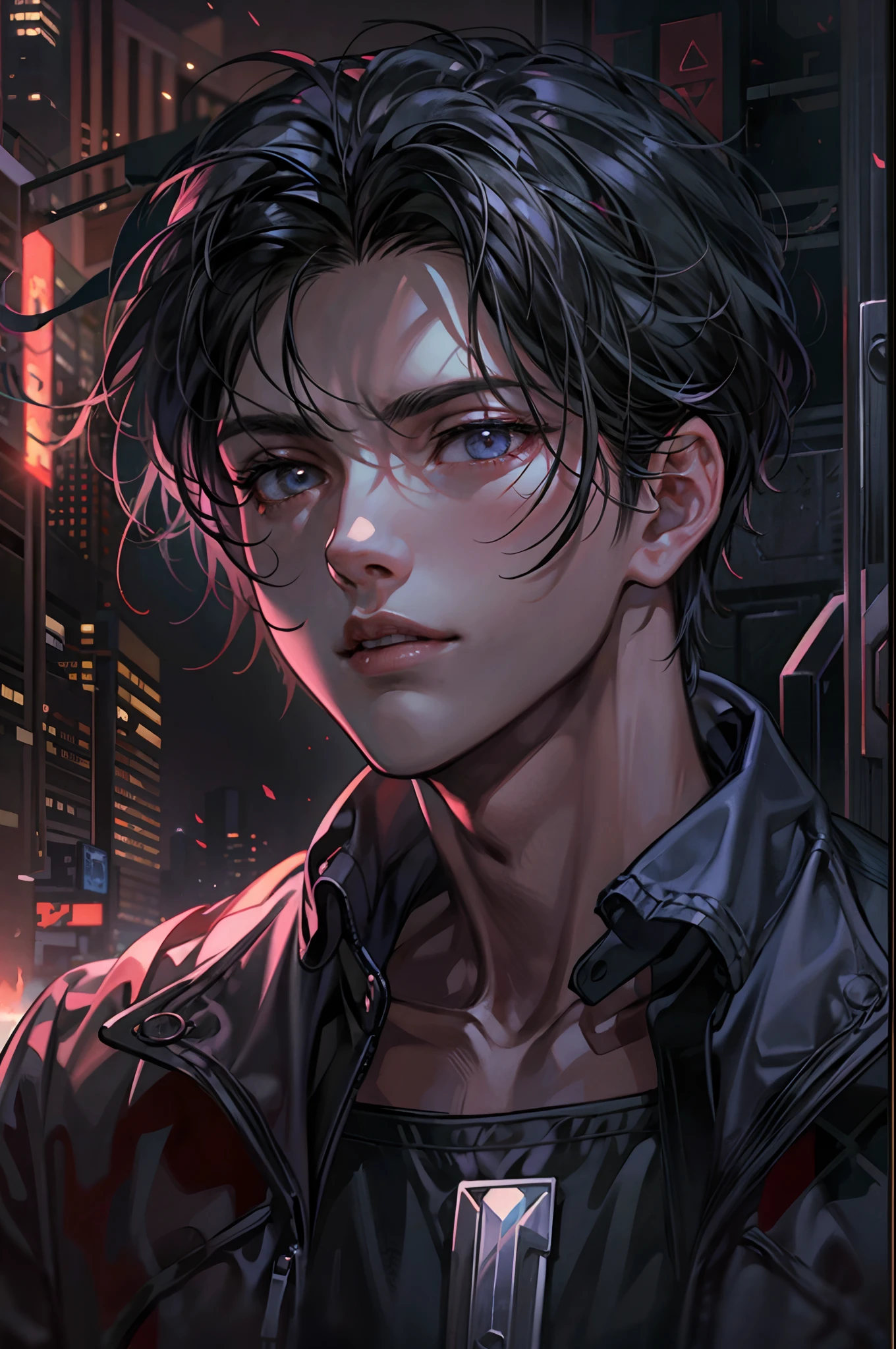 Anime male protagonist. Mysterious and enigmatic, . Unique and original, . Unconventional and non-conformist, . Ambitious and visionary, . Sophisticated and refined;, . Impressive and imposing, . Calm and composed, . Serious and reserved, . Silent and reserved) hyper detail, high resolution, super detail, best quality, amazing, top quality, extremely detailed CG Unity 8k wallpaper, cinematic lighting, cyberpunk, dark boy,