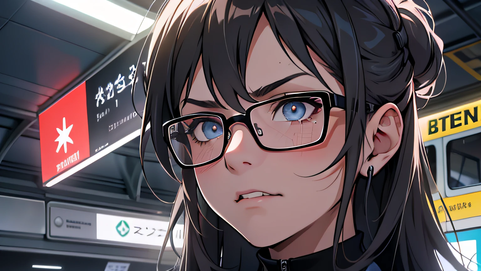 A young girl, das in einem U-Bahn-Wagen steht, Tragen einer Brille mit schwarzem Rand, mittellanger Rock, schwarzes Haar, whole body display, fine wrinkles, ++, Subtiles Licht, ++, Saturated color, --, emotional, ++, dramatisch, ++, trauriger Gesichtsausdruck, ++, angry expression on his face, +, Filmische Beleuchtung, panoramisch, Ultra-HD, Strukturierte Haut, Hohe Detailgenauigkeit, best quality, Super detailliert, High quality, 8K