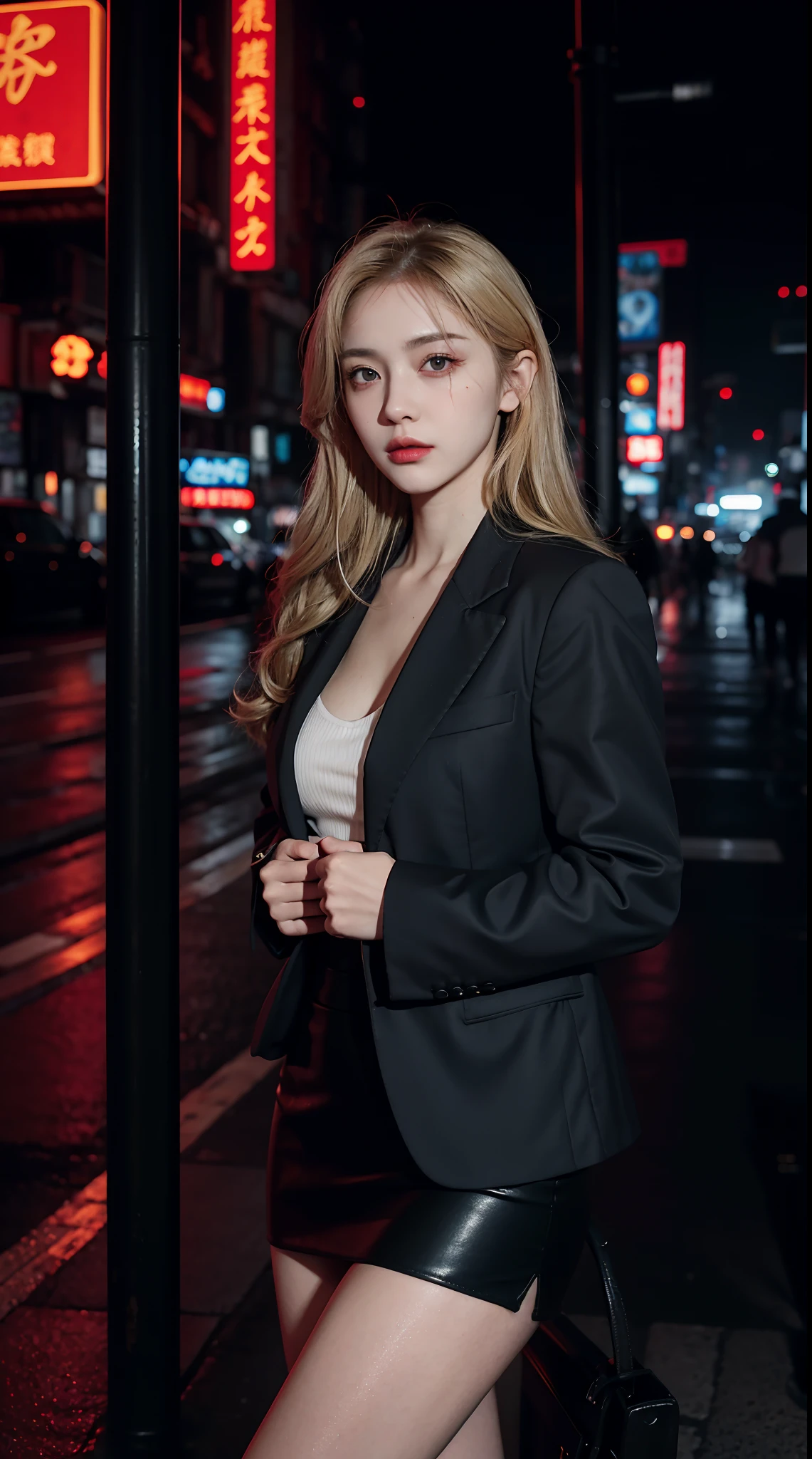 Russian yakuza mobster girl with a dark gray suit, miniskirt, pencil skirt, red eyes, blonde-haired, uses assault rifle, facial scar, stylish, hdr, intricate details, hyperdetailed, cinematic, rim light, danger atmosphere, noir, night, cyberpunk lighting, tokyo street, rain