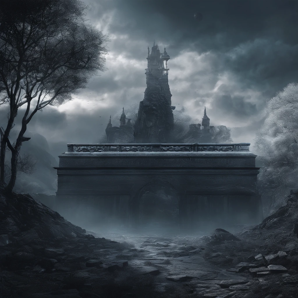 Magnificent view,Landscape photography in the forest Professional high-quality digital photography of nature,Rainy evening,Spring flower bush in the moonlight,precipice,water,Megalithic groups of different shapes,Foggy sky,Traces of rain,Nightmare Vision,The plot of dark fantasy,Perfect and excellent composition,8k resolution,Details,Ultra-wide-angle long-distance shooting,Simple and beautiful,minimalist,noir+A white+ash+blue tones,Environmental Art Photography by Jack Guzmán,Realistic,liveliness, detailed, Stunning sky,Multi-colored clouds float, beste-Qualit, hiquality, Absurder,Unmanned background,It is very detailed;、Detailed light shadows,trends on ArtStation、an intricate、higly detailed、dramatics、(voluminous lighting:1.2)HDR shot。(Ultravision+Super in-depth review+super-wide-angle lens:1.2)(Realistic:1.4)tmasterpiece、hiquality、beautiful photo、Global Illumination