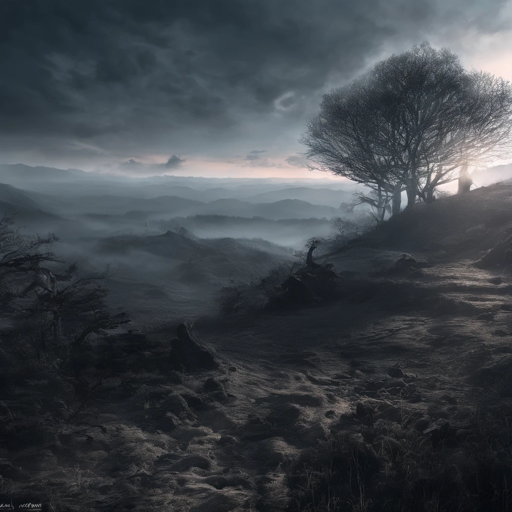 Magnificent view,Landscape photography in the forest Professional high-quality digital photography of nature,Rainy evening,Spring flower bush in the moonlight,precipice,water,Megalithic groups of different shapes,Foggy sky,Traces of rain,Nightmare Vision,The plot of dark fantasy,Perfect and excellent composition,8k resolution,Details,Ultra-wide-angle long-distance shooting,Simple and beautiful,minimalist,noir+A white+ash+blue tones,Environmental Art Photography by Jack Guzmán,Realistic,liveliness, detailed, Stunning sky,Multi-colored clouds float, beste-Qualit, hiquality, Absurder,Unmanned background,It is very detailed;、Detailed light shadows,trends on ArtStation、an intricate、higly detailed、dramatics、(voluminous lighting:1.2)HDR shot。(Ultravision+Super in-depth review+super-wide-angle lens:1.2)(Realistic:1.4)tmasterpiece、hiquality、beautiful photo、Global Illumination