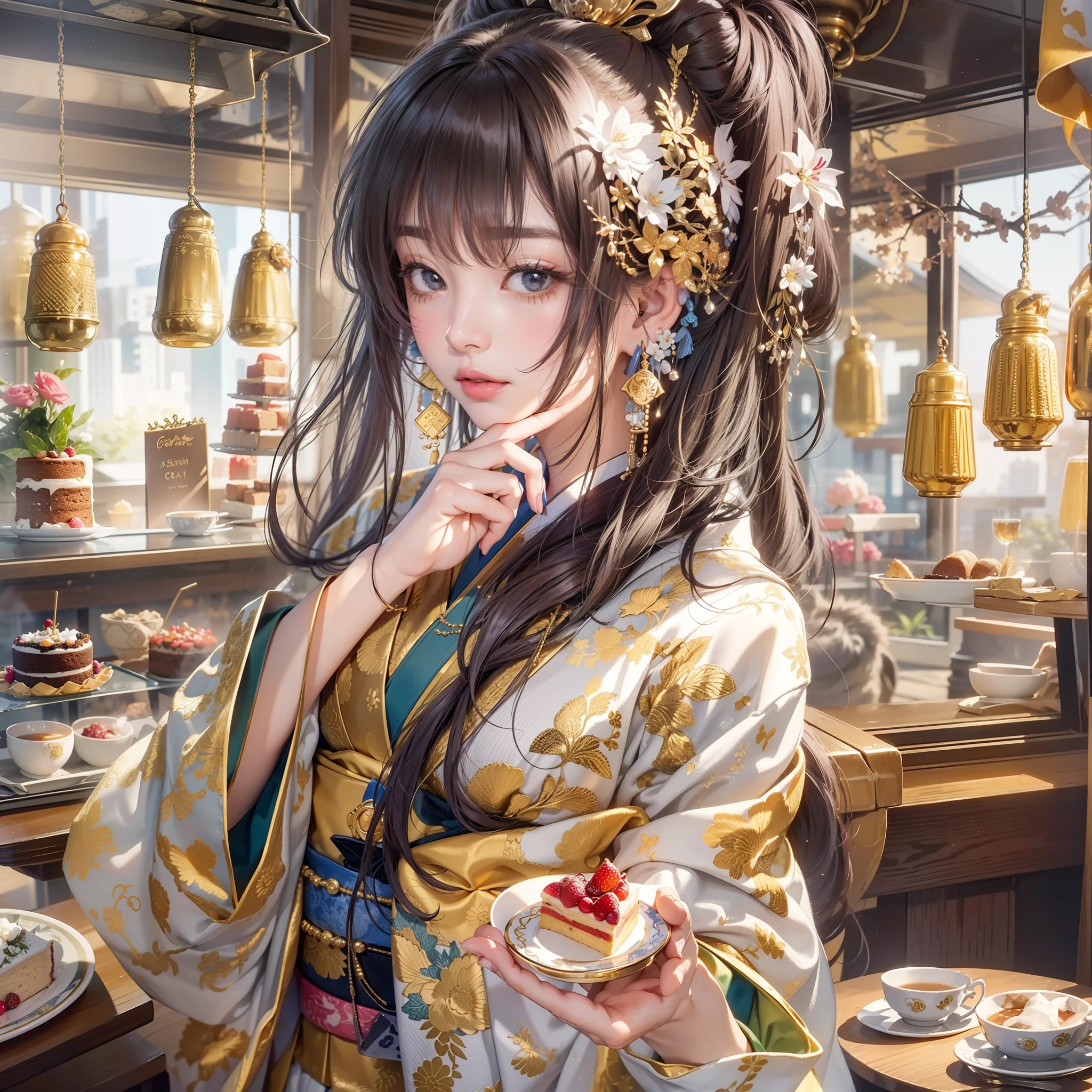 Detailed background(tea shop(The cityscape of Kyoto seen outside the window)),Laid on the table(a cake).Hold it in your right hand(cups&saucer),BREAK,Put it in your mouth(a cake),BREAK,elaborate costume{Luxury kimono(Colorful kimono(Detailed golden embroidery,))}、(Japanese Idol(actress):1.2)(face perfect:1.2),Depicting a beautiful and classy adult woman。glossy dark hair(poneyTail),Heart in the eye。 Wallpapers 16K, .Blur the background with a sickle,((masutepiece)), ((Best Quality)),{{a portrait photo of}},full body Esbian