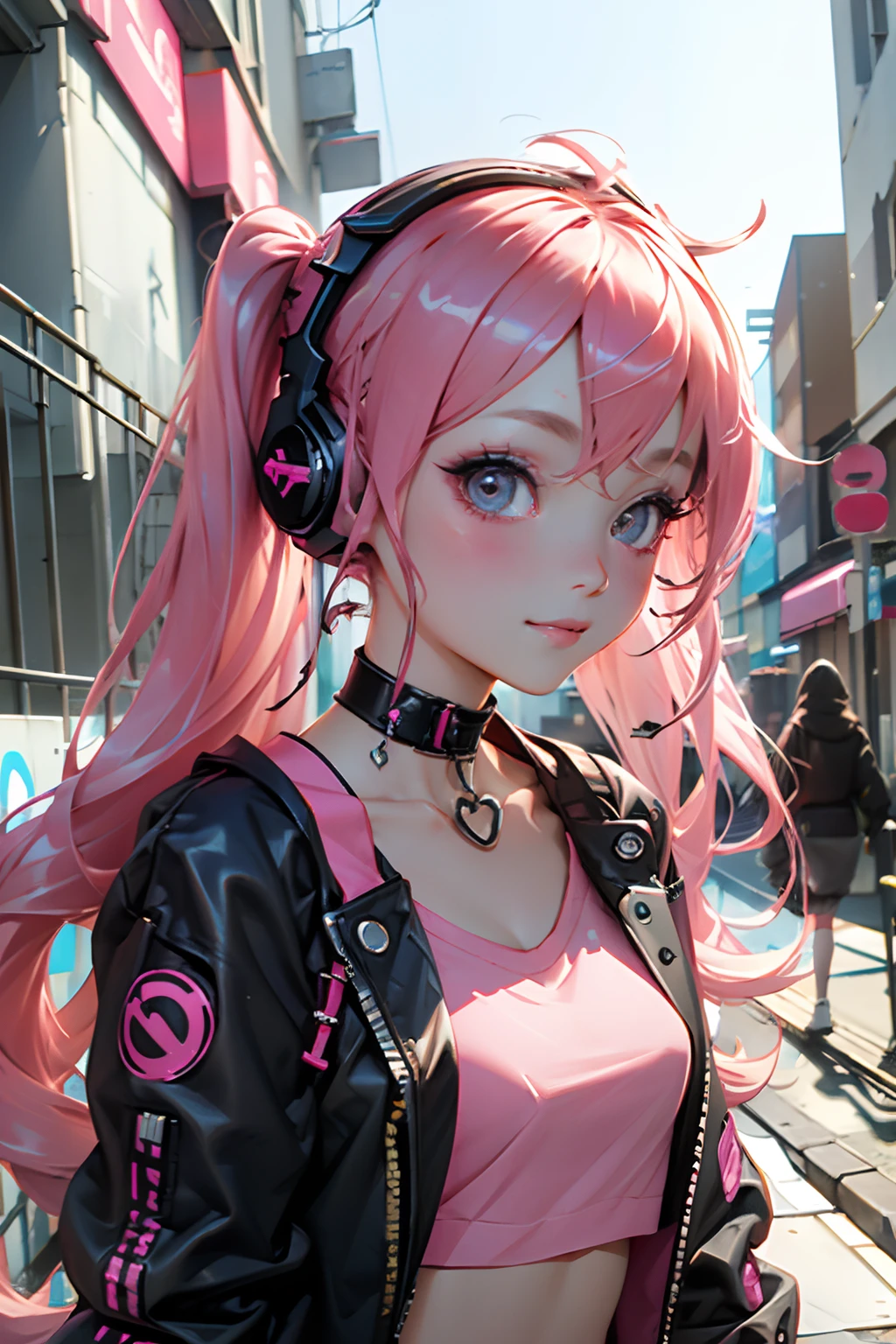 Beautiful woman pink twin tail long hair、cyberpunk style short clothes、Heart-shaped choker、headphones、gazing at viewer、front facing、A slight smil、London cityscape
