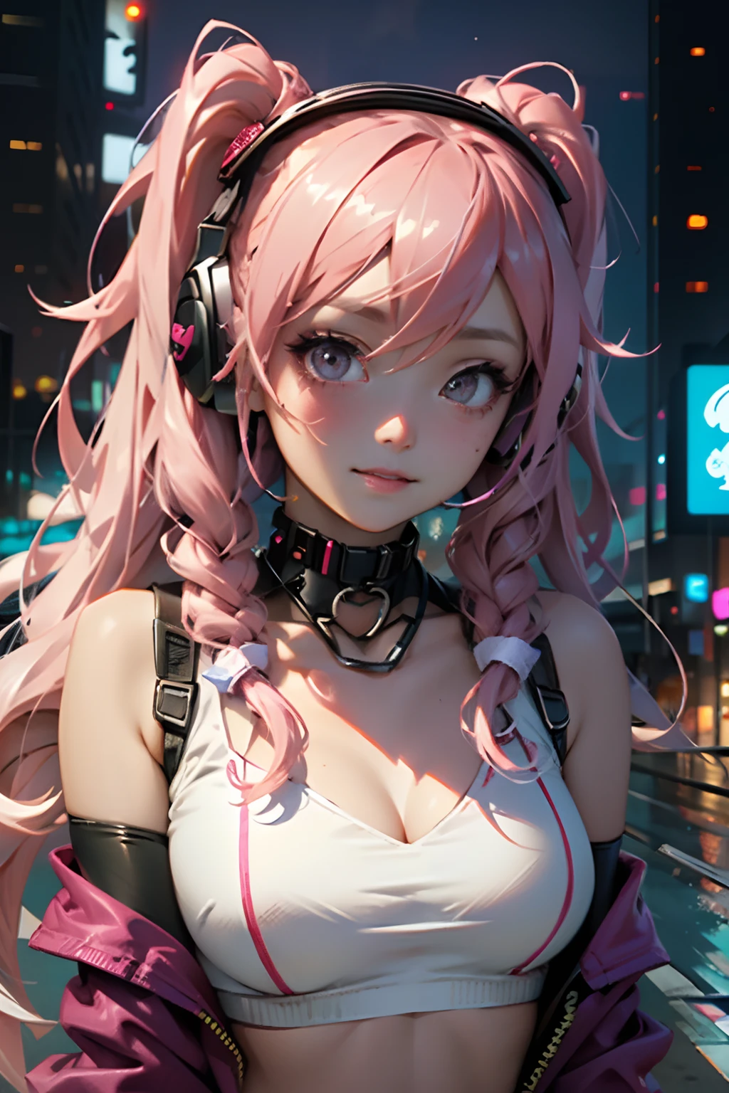 (Masterpiece, best quality: 1.2), 1 girl, pink-purple hair, side half, back to the camera, (((back body is skull skeleton spine)))), solo, headphones, cyberpunk, grinning, eyes looking at the audience, purple-pink hair, headphones, sleeveless shirt, pleated skirt, cold weapon in hand