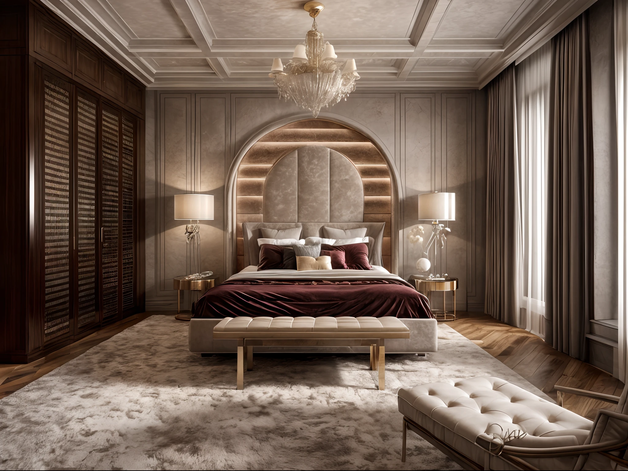 luxurybedroom,luxury, bed, rug, cozy lighting from chanderlier, (flat ceiling), luxury color scheme