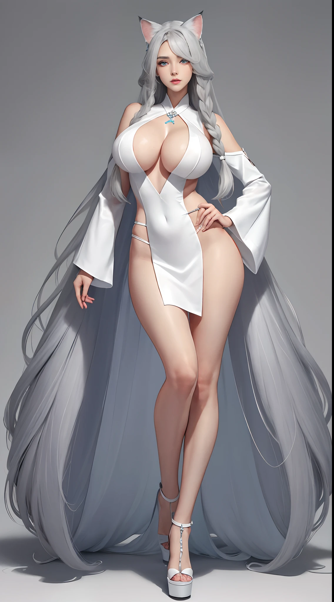 Light gray hair，bluntbangs，Asymmetrical hair，Hair behind the ears，extra very long hair，wavey hair，eBlue eyes，Cat pupils，eyebrows behind the hair，Big cat ears，Graves，Facial hair，full body shot shot，Tall, Slim sexy girl，Extra-large big breasts，Exaggerated huge fat buttocks，Exceptionally long legs，White shoes，hyper HD，??????? correct，textureskin，high detal，1080p，traditional Japanese outfit