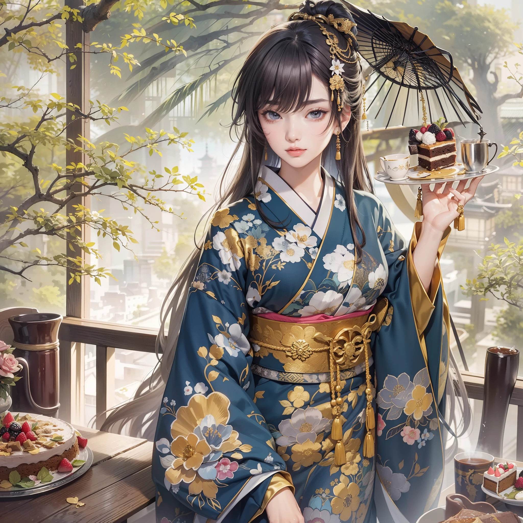 Detailed background(tea shop(The cityscape of Kyoto seen outside the window)),Laid on the table(a cake).Hold it in your right hand(cups&saucer),BREAK,Put it in your mouth(a cake),BREAK,elaborate costume{Luxury kimono(Colorful kimono(Detailed golden embroidery,))}、(Japanese Idol(actress):1.2)(face perfect:1.2),Depicting a beautiful and classy adult woman。glossy dark hair(poneyTail),Heart in the eye。 Wallpapers 16K, .Blur the background with a sickle,((masutepiece)), ((Best Quality)),{{a portrait photo of}},full body Esbian