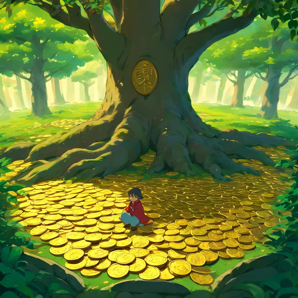 On the ground of gold coins，A tree grew，The tree is entangled with vines，Dark colors