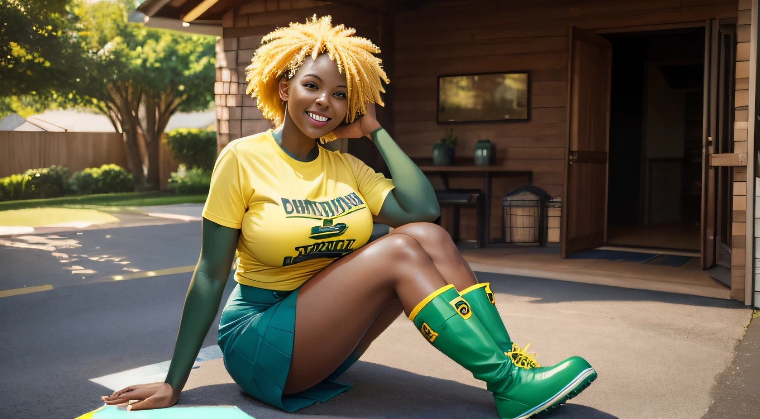 very huge breasts, dark skin, yellow hair, black power hair, full body, Happy smile, realistic hands, realistic face, realistic tooth, realistic feet, realistic face, driveways, green t-shirt, blue skirt, green boot, washing the floor.