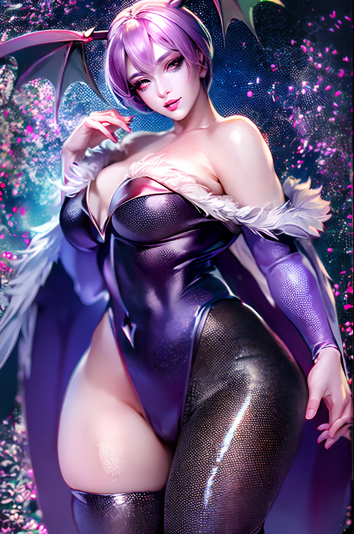 (best quality,masterpiece:1.2),intricate details,beautiful detailed eyes,beautiful detailed lips,extremely detailed eyes and face,longeyelashes,darkstalkers_lilith modeseven,super curvy,comic style,vibrant colors,standing,innocent, full body, standing, smile