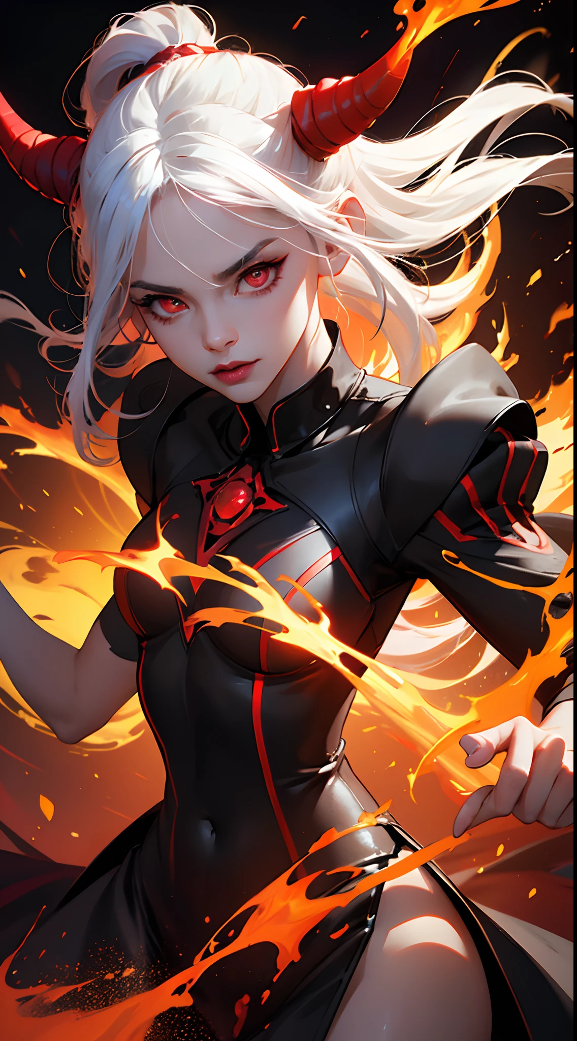 female demon, black background, red energy magic, red glowing eyes, white hair,fair skin, dynamic pose, kawaii, fit build, gorgeous perfect face, in the style of realistic and hyper detailed renderings, zbrush, hyper realistic oil, contoured shading, darkness,in the hell,fire