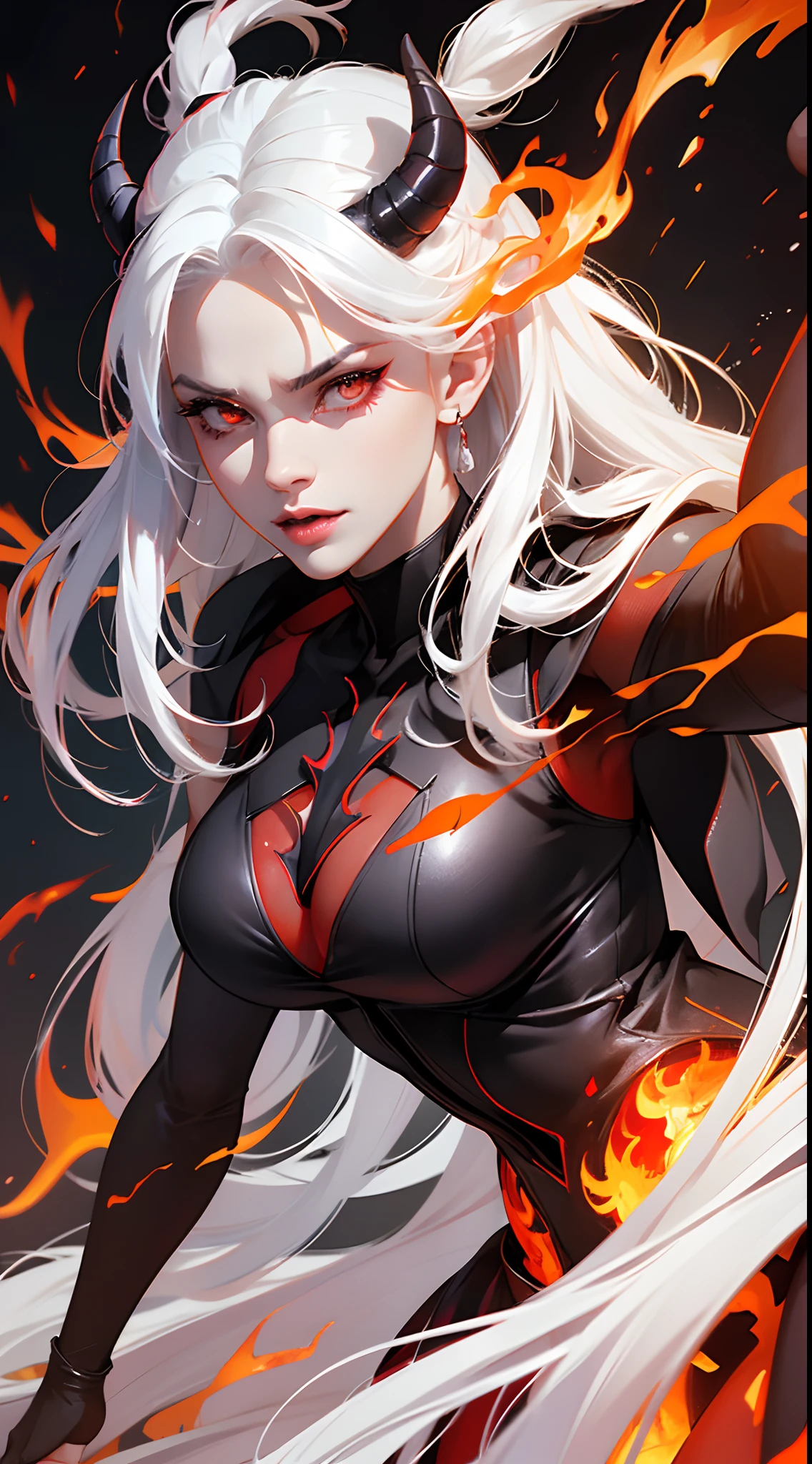 female demon, black background, red energy magic, red glowing eyes, white hair,fair skin, dynamic pose, kawaii, fit build, gorgeous perfect face, in the style of realistic and hyper detailed renderings, zbrush, hyper realistic oil, contoured shading, darkness,in the hell,fire