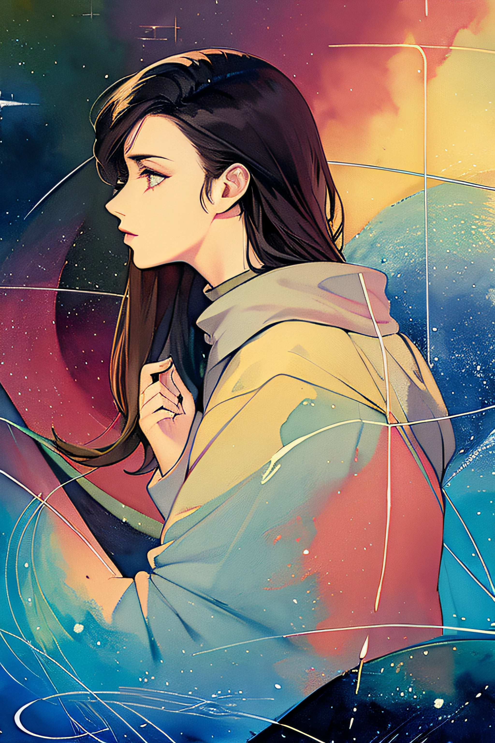 (​masterpiece、top-quality、top-quality、watercolor painting ,Official art、Beautifully Aesthetic:1.2)、(1girl in:1.3) The upper part of the body、From Side、(Masterpiece, Best Quality), 8k Wallpaper, highly detailed, sexy female space thriller cinematic movie poster, Bauhaus, shapes, lines, abstract, propaganda, mid century modern, movie poster, vintage, mid century modern.