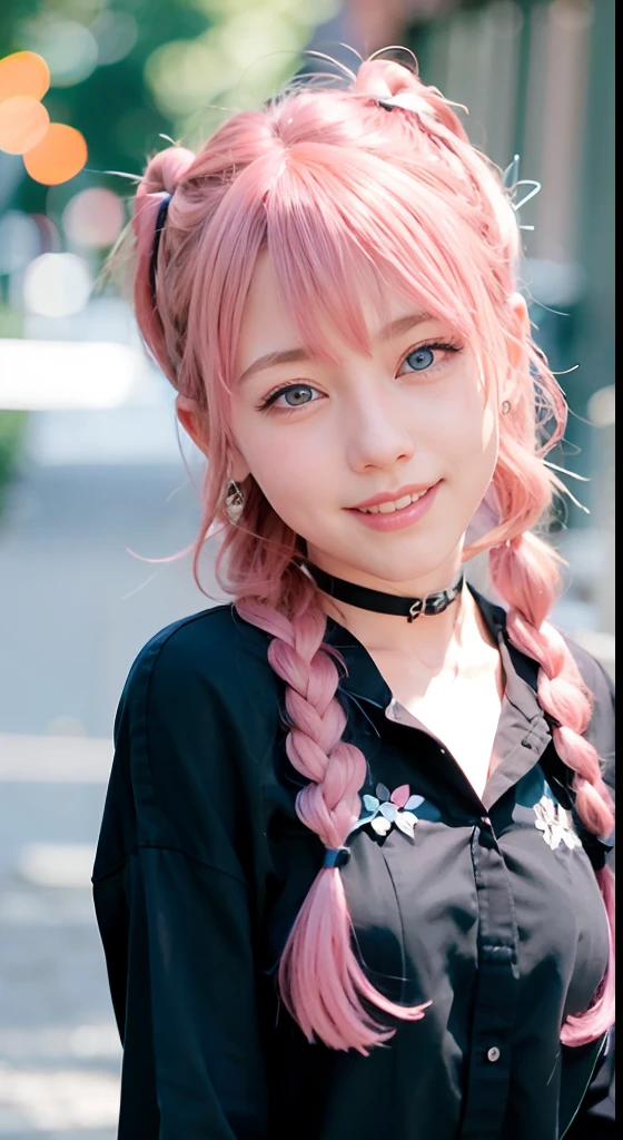 (ultra-detailliert), Black Psychedelic Shirt、Blue eyes,The upper part of the body、cowboy  shot、faces、(A smile:1.5),(facing front:1.2), 20yr old, teens girl,no tail,(no tail),2D, ​masterpiece, top-quality, animesque, A detailed eye, A detailed face, girl with, Only 1 person,Medium hair with pink hair, (Pink hair),  Ear Hair, small tits, Single braid, (Single braid), (Side braid), Pink ribbon, Ribbon around the neck, Background bokeh