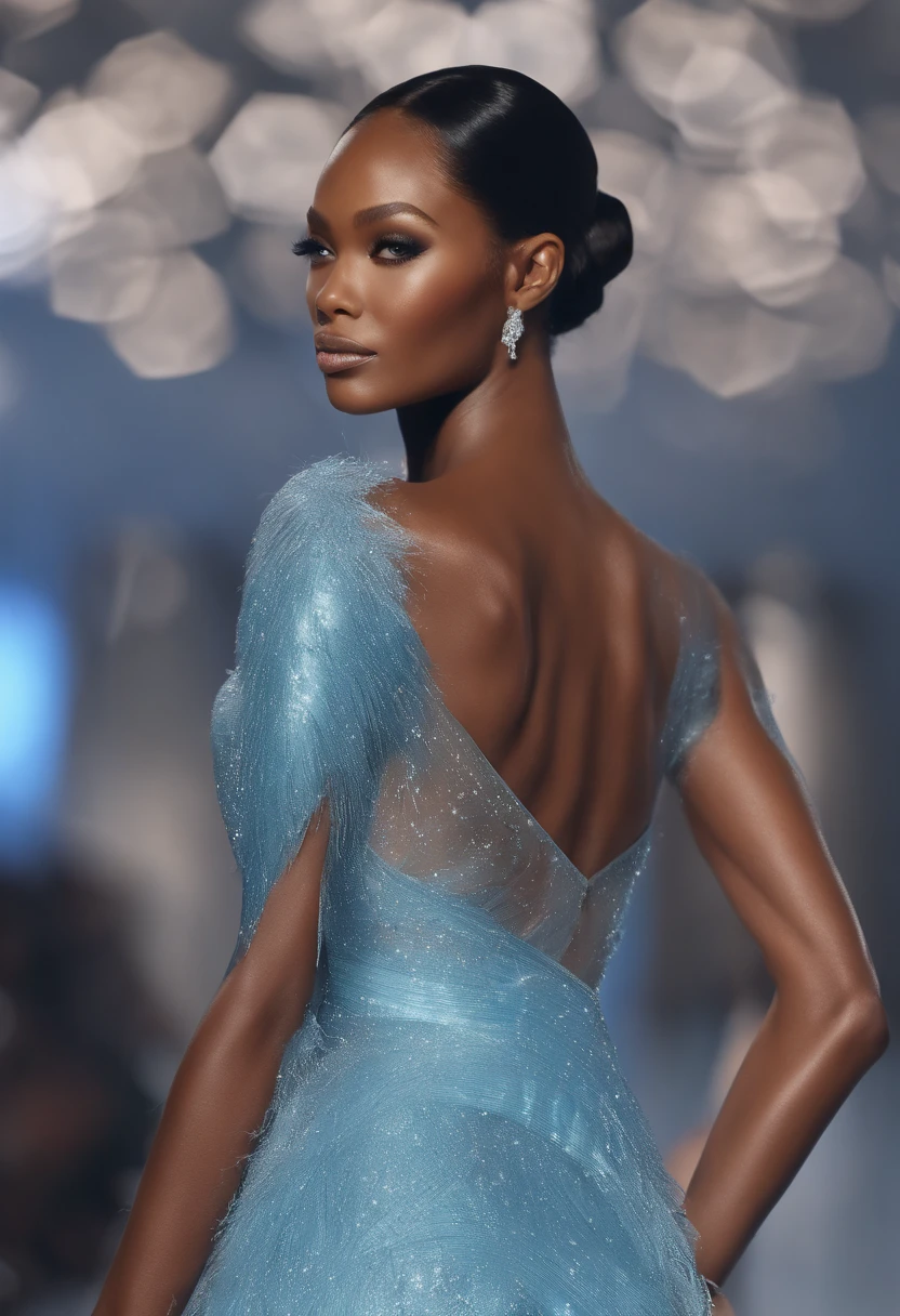 (Best quality,4K,8K,A high resolution,Masterpiece:1.2), Ultra-detailed, (Realistic,Photorealistic,photo-realistic:1.37), fashion show photo, Naomi Campbell was born in London, England,She is a legendary black model, (Perfect limbs), fashion show photo, ((fully body photo)), ((There is a very gorgeous and exaggerated lake blue dress)),Romantic, supermodel body,,opulent, Beautiful high heels, Glamorous, indoor: (((Runway scene))), (Snowflakes in the background, wave,stars, ), inside in room:Catwalk scene, Long-range shooting.
