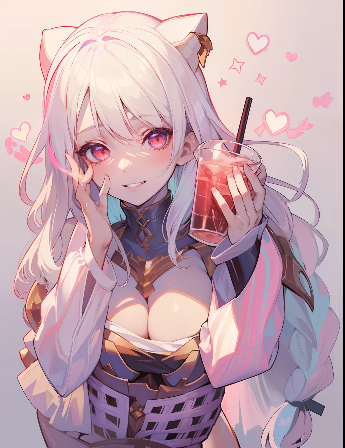 DETAILED, DENSE, MASTERPIECE, one girl, beautiful, 22 years old, smooth skin, glowing skin, glowing hair, clear eyes, glowing eyes, red eyes, soft lips,(viewer Looking down: 0. 8) smiling slightly, cheeks stained, mouth open, one girl, soft skin, large breasts, glowing skin, (Masterpiece: 1.0), (Realistic: 1.6), (Soft Focus: 1.5), albino, white hair, horns, full body, big lips, sexy face, sharp eyes, grin, skinny waist, (((skinny waist))), pastel pink jacket, holding drink