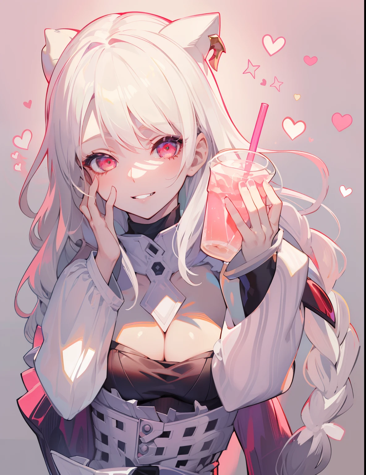 DETAILED, DENSE, MASTERPIECE, one girl, beautiful, 22 years old, smooth skin, glowing skin, glowing hair, clear eyes, glowing eyes, red eyes, soft lips,(viewer Looking down: 0. 8) smiling slightly, cheeks stained, mouth open, one girl, soft skin, large breasts, glowing skin, (Masterpiece: 1.0), (Realistic: 1.6), (Soft Focus: 1.5), albino, white hair, horns, full body, big lips, sexy face, sharp eyes, grin, skinny waist, (((skinny waist))), pastel pink jacket, holding drink