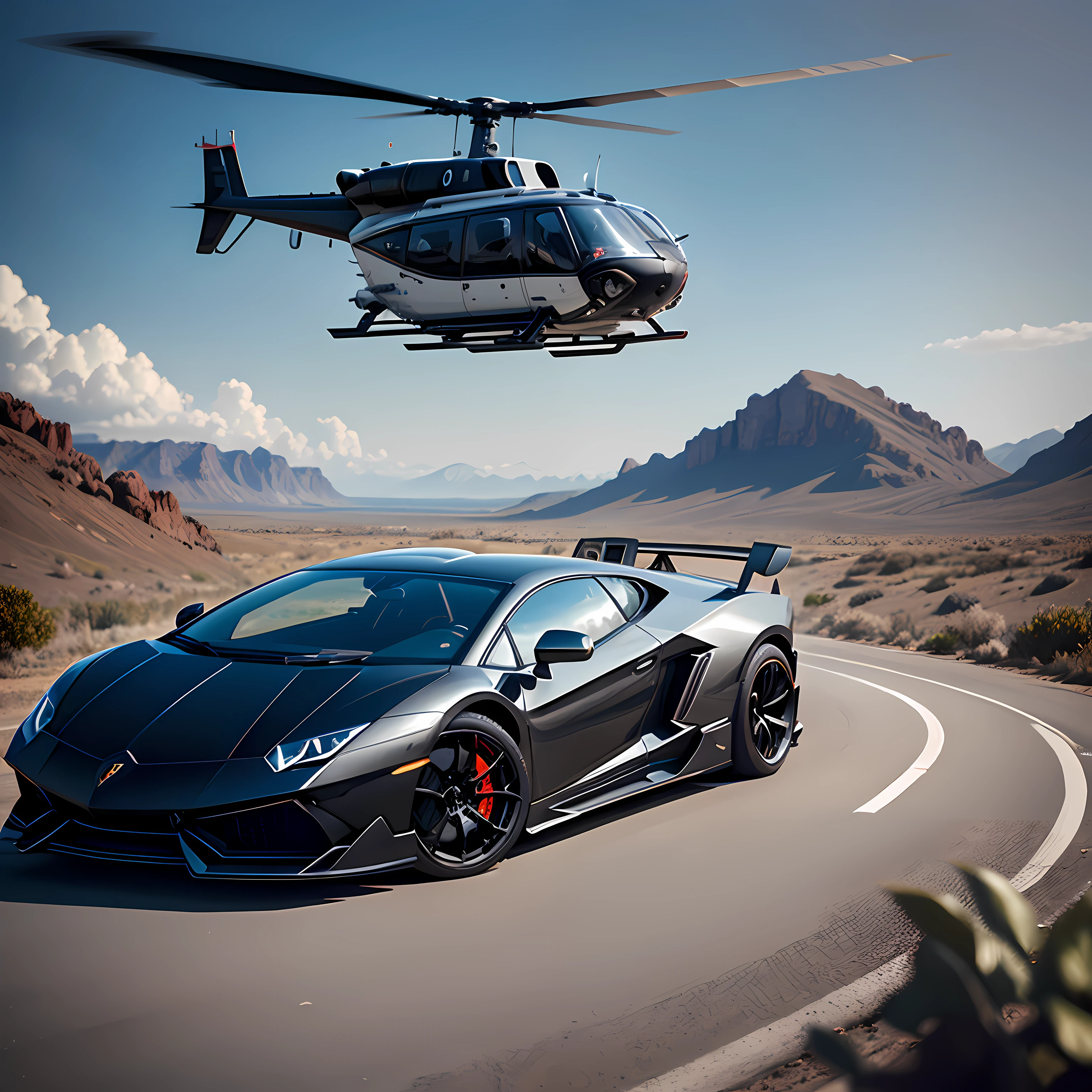 Black Lamborghini and black helicopter ultra realstic 8k resolution on the road
