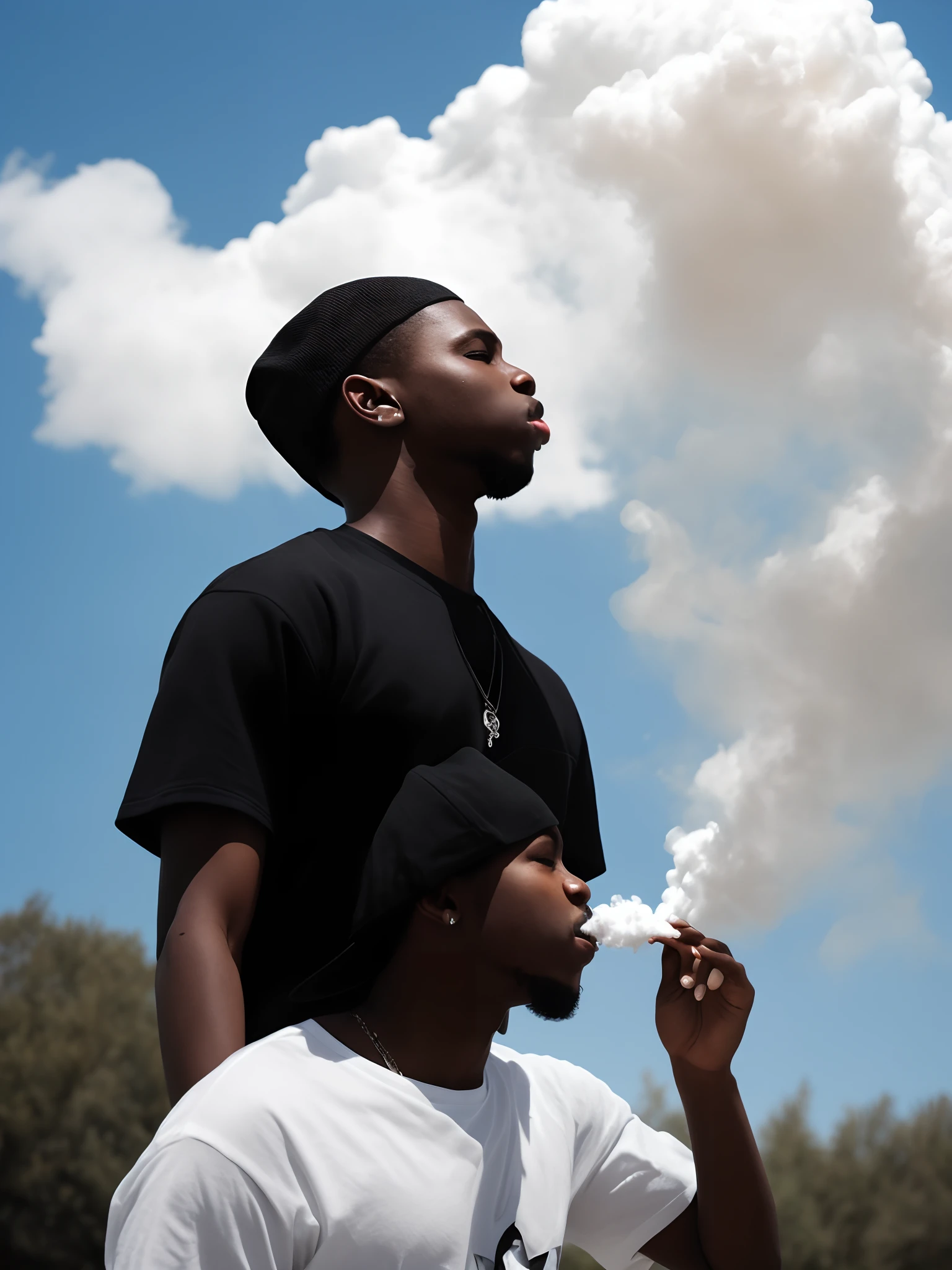 Black boy wearing black cap letting out smoke up cloud