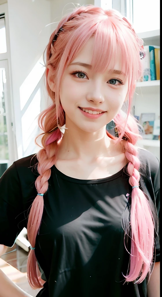 (ultra-detailliert), Black Psychedelic Shirt、Blue eyes,The upper part of the body、cowboy shot、faces、(A smile:1.5),(facing front:1.2), 20yr old, s girl,no tail,(no tail),2D, masterpiece, top-quality, animesque, A detailed eye, A detailed face, girl with, Only 1 person,Medium hair with pink hair, (Pink hair), Ear Hair, small tits, Single braid, (Single braid), (Side braid), Pink ribbon, Ribbon around the neck, Background bokeh